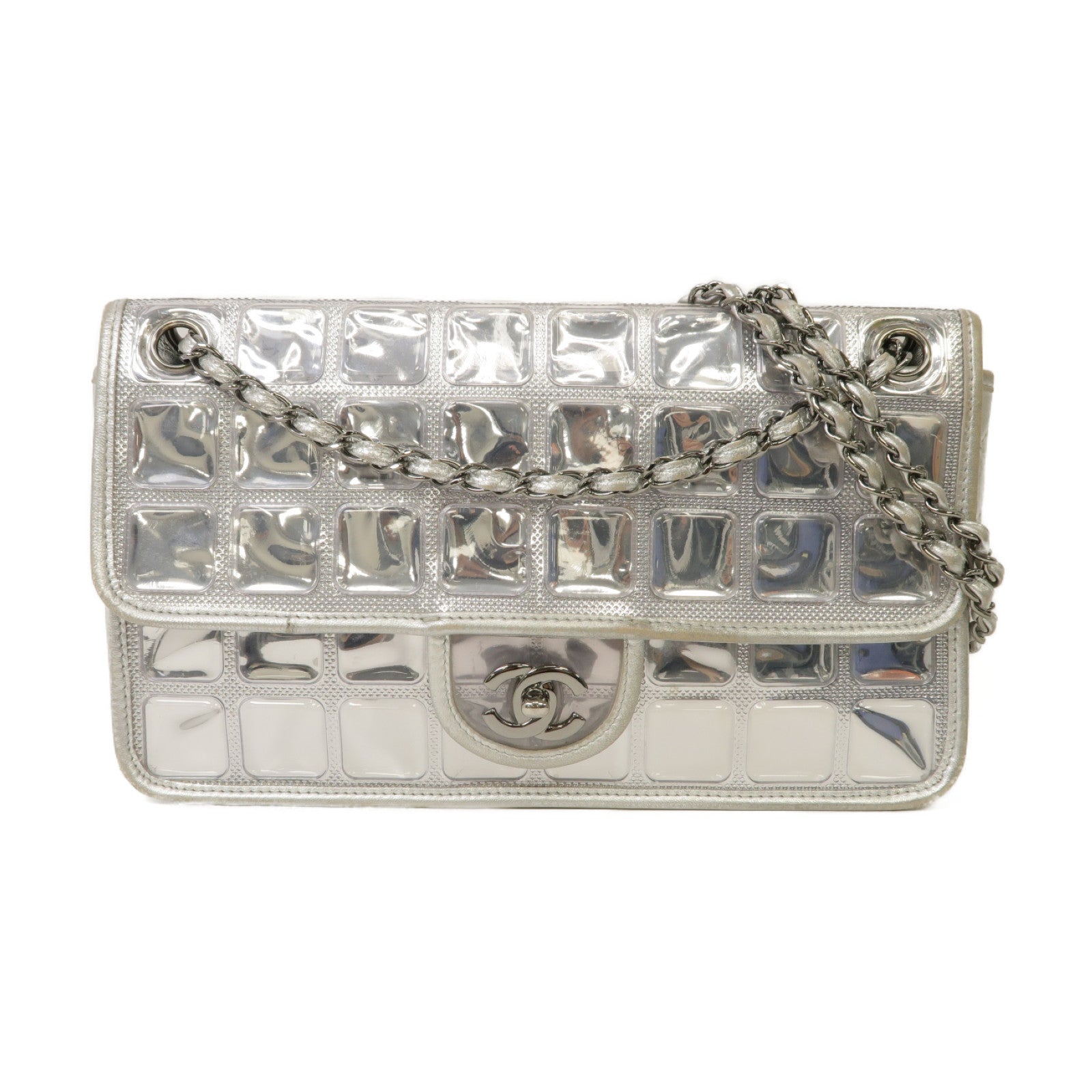 CHANEL 菱格皮革/PVC Chain Shoulder Bag銀扣鏈帶肩背袋銀色