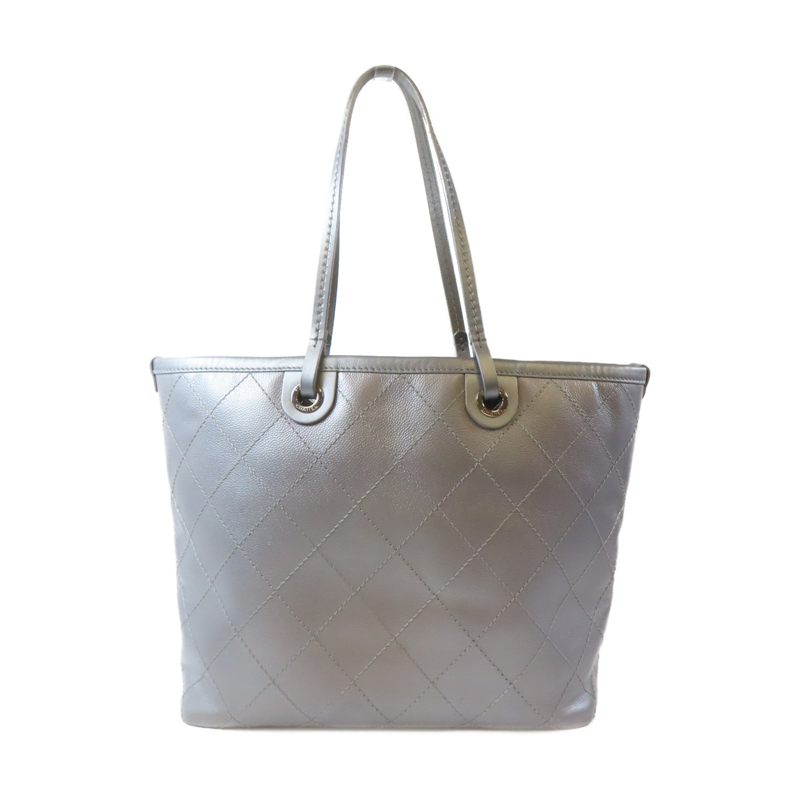 CHANEL 【激減優惠】菱格Caviar皮革Tote Bag銀扣手挽袋銀色