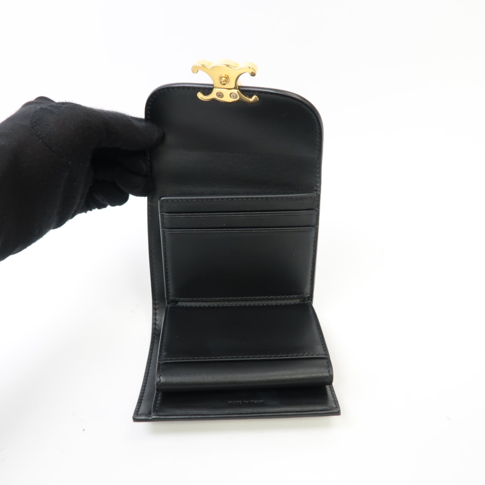 CELINE 【激減優惠】羊皮皮革Triomphe Compact Wallet金扣錢包黑色