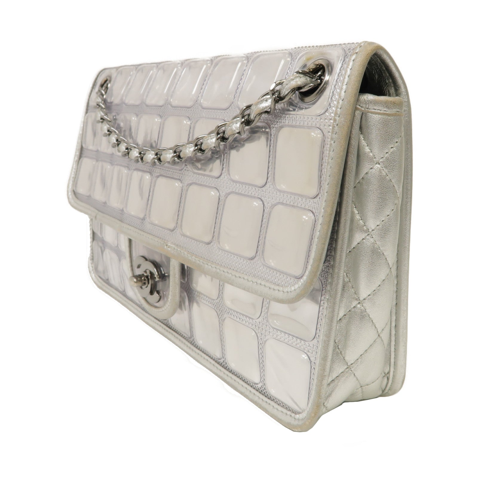 CHANEL 菱格皮革/PVC Chain Shoulder Bag銀扣鏈帶肩背袋銀色