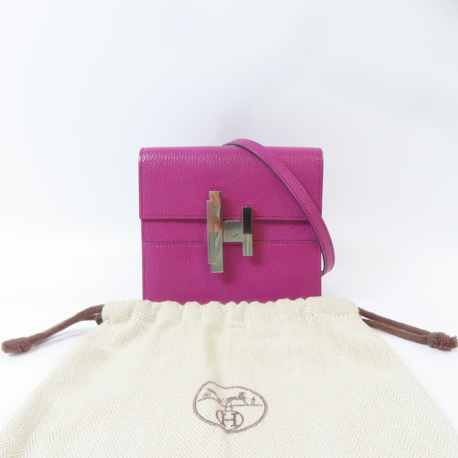HERMES 【激減優惠】Chevre皮革Cinhetic To Go Wallet銀扣肩背袋粉紅色