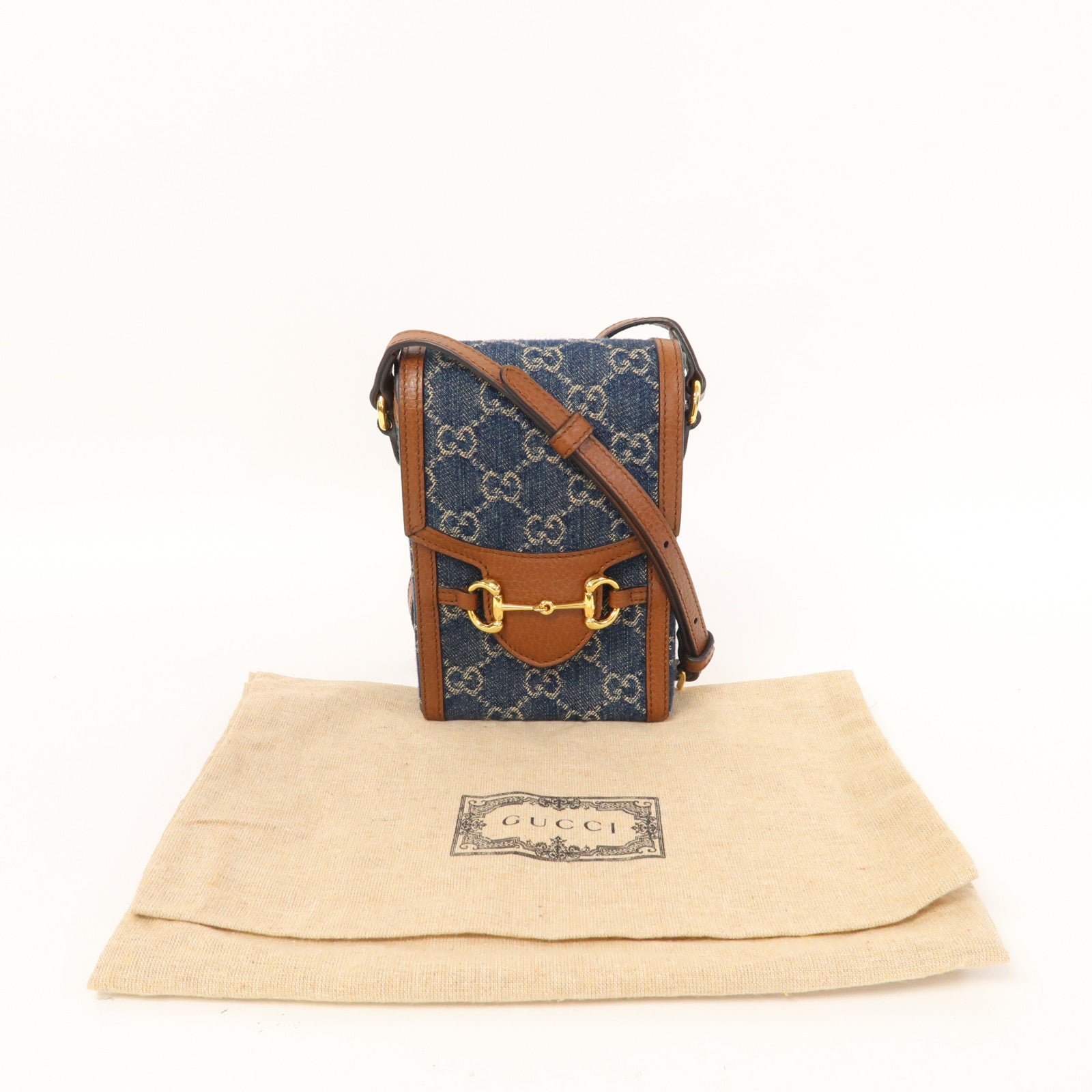 GUCCI 帆布Horsebit 1955 Mini Bag金扣肩背袋藍色