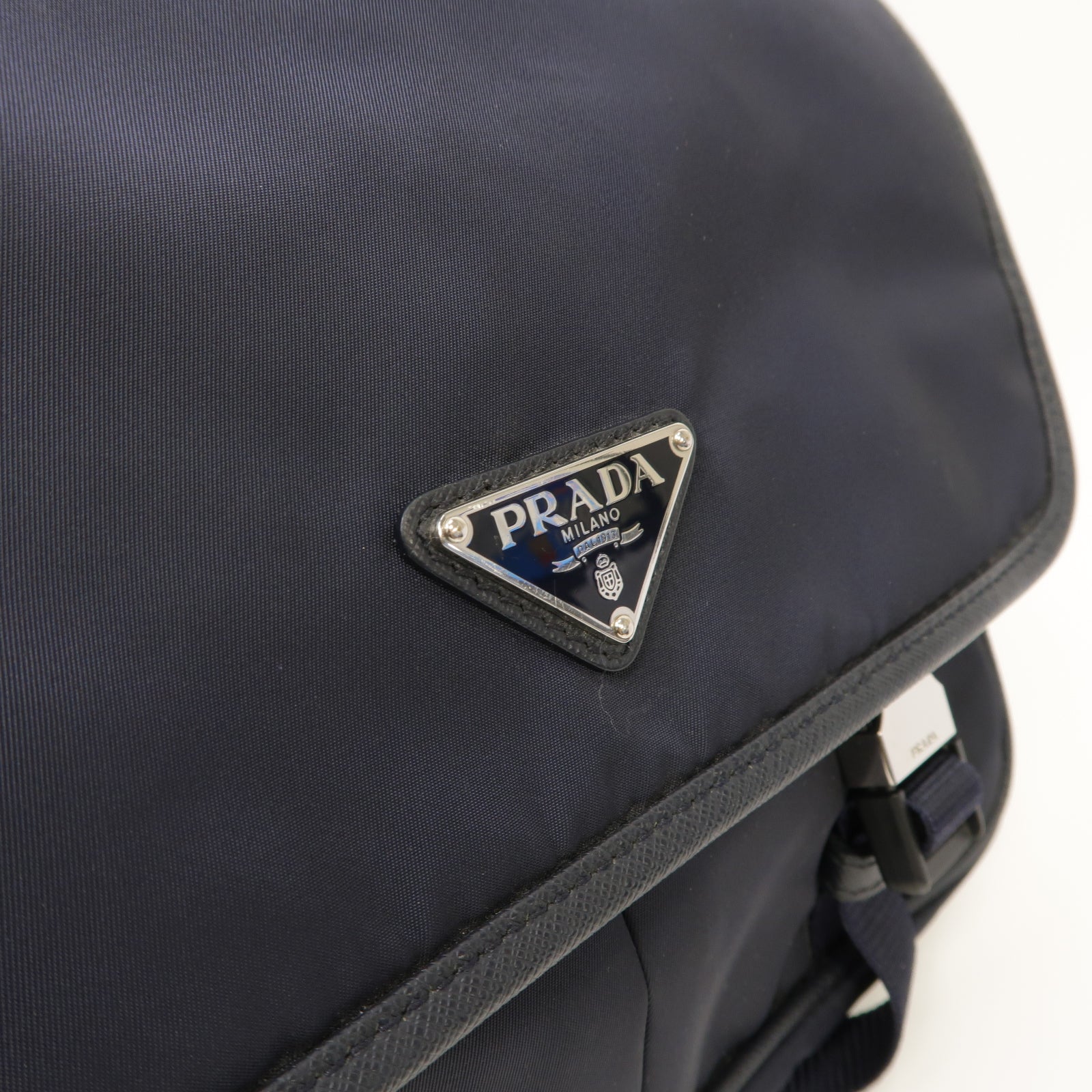 PRADA 尼龍/Saffiano皮革Messenger Bag銀扣肩背袋藍色