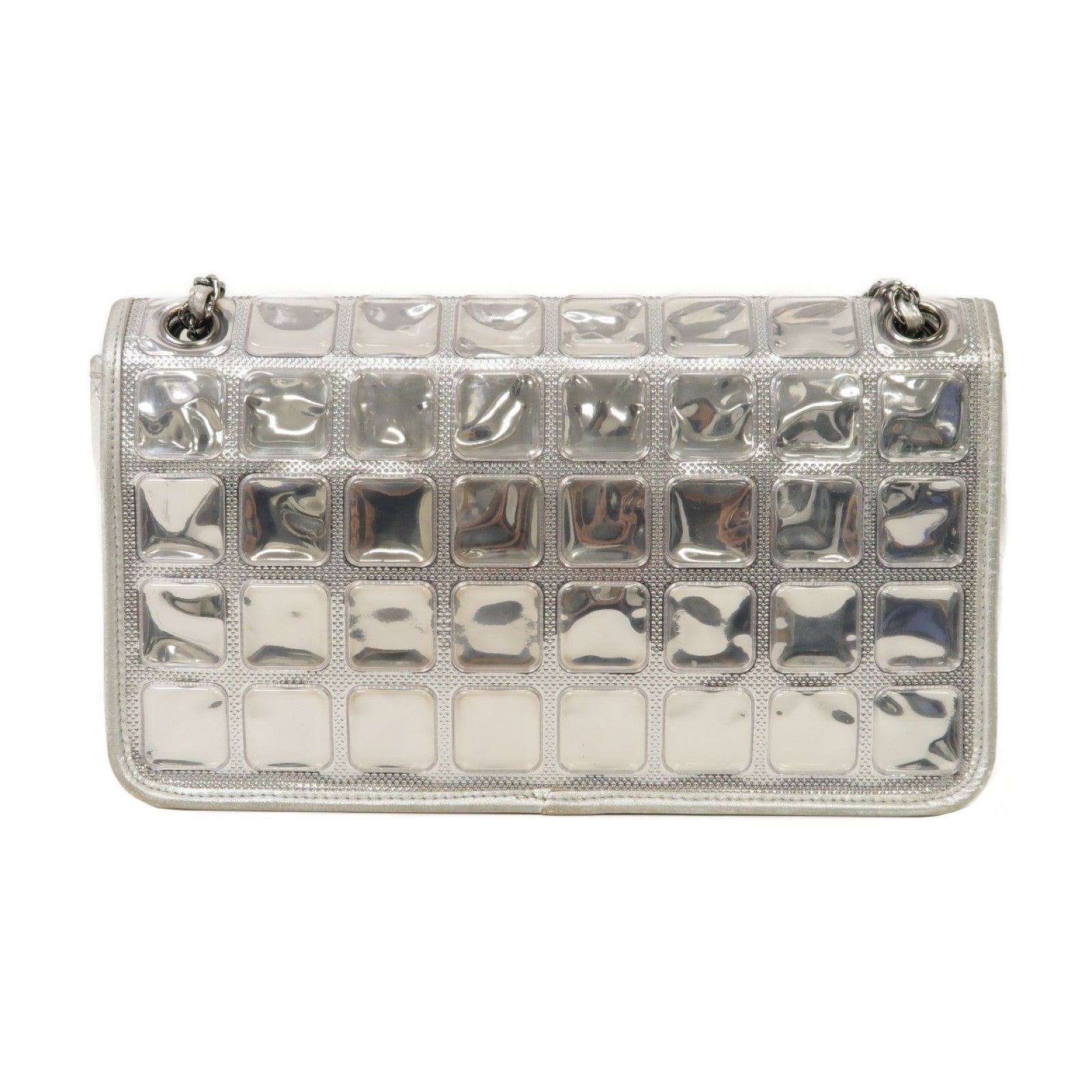 CHANEL 菱格皮革/PVC Chain Shoulder Bag銀扣鏈帶肩背袋銀色