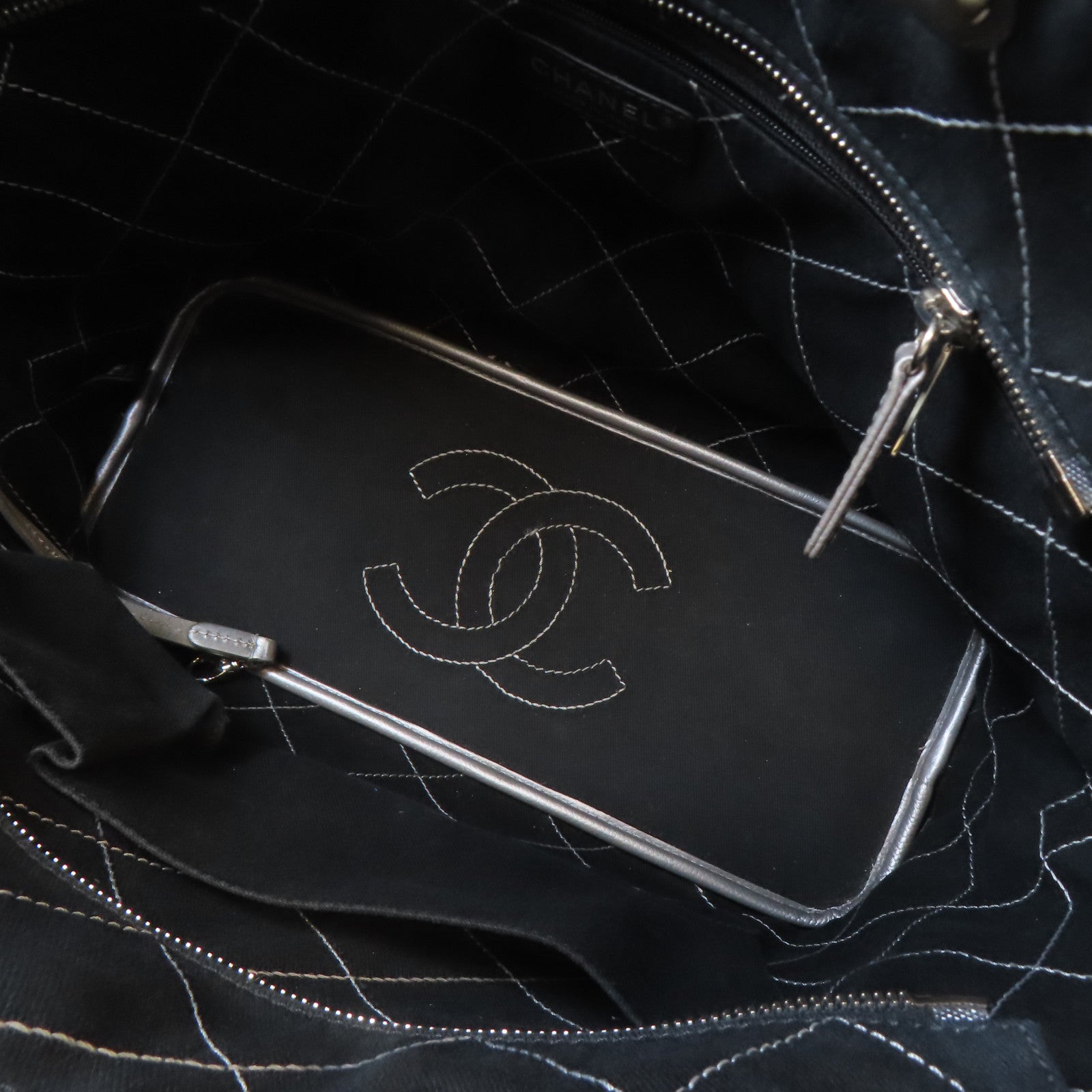 CHANEL 【激減優惠】菱格Caviar皮革Tote Bag銀扣手挽袋銀色
