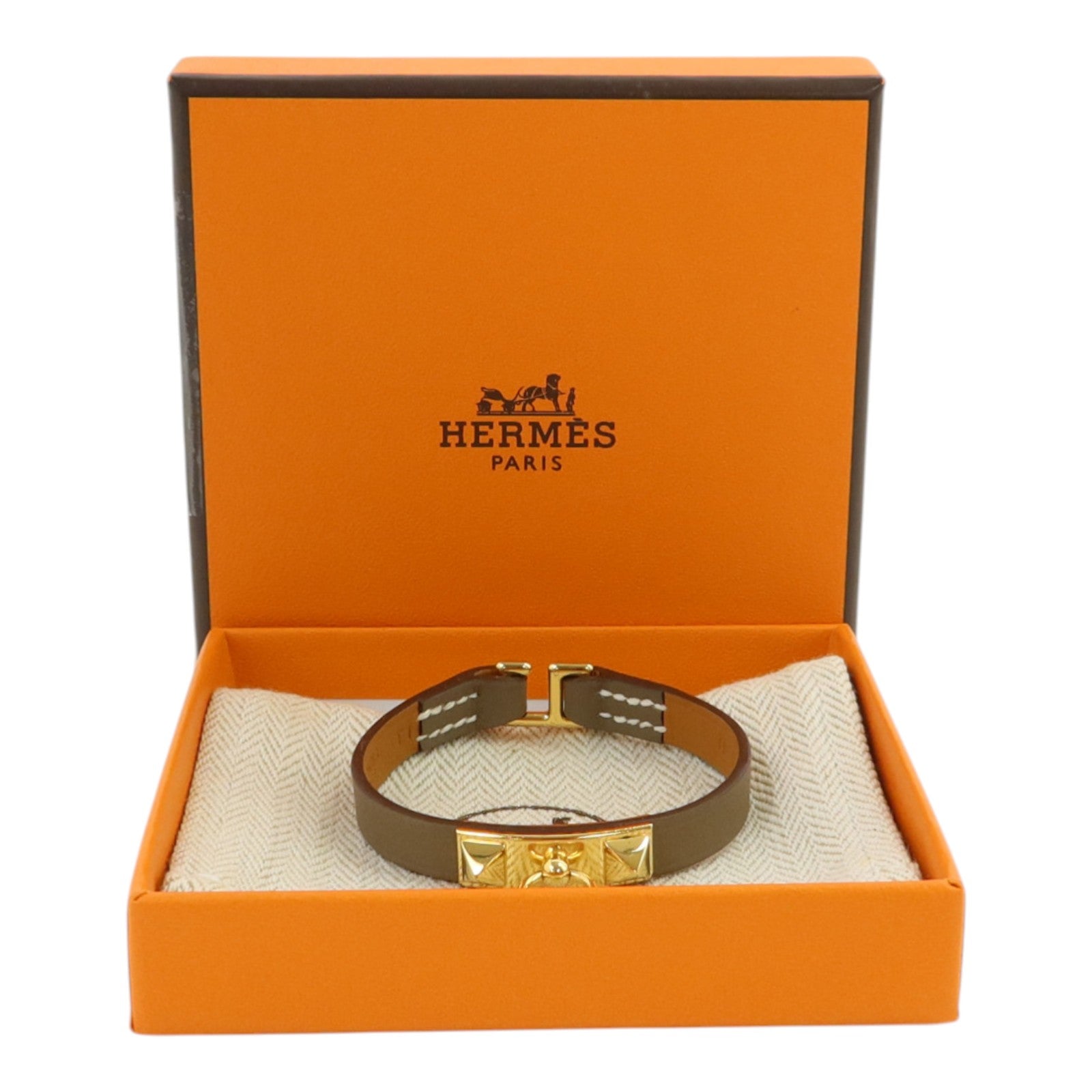 HERMES Swift皮革Rivale Mini Bracelet金扣手鏈Etoupe