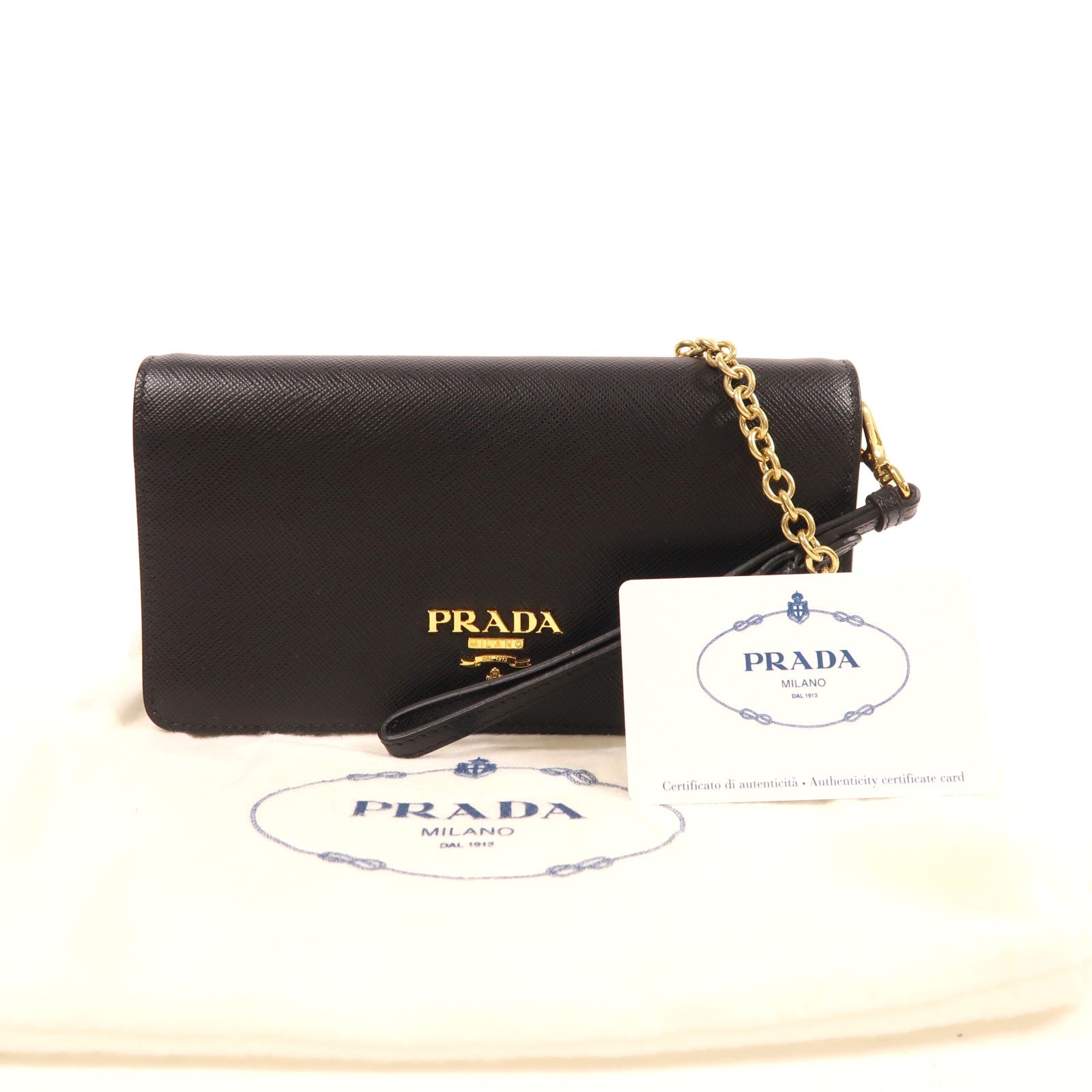 PRADA 牛皮皮革Wallet On Chain金扣鏈帶肩背袋黑色