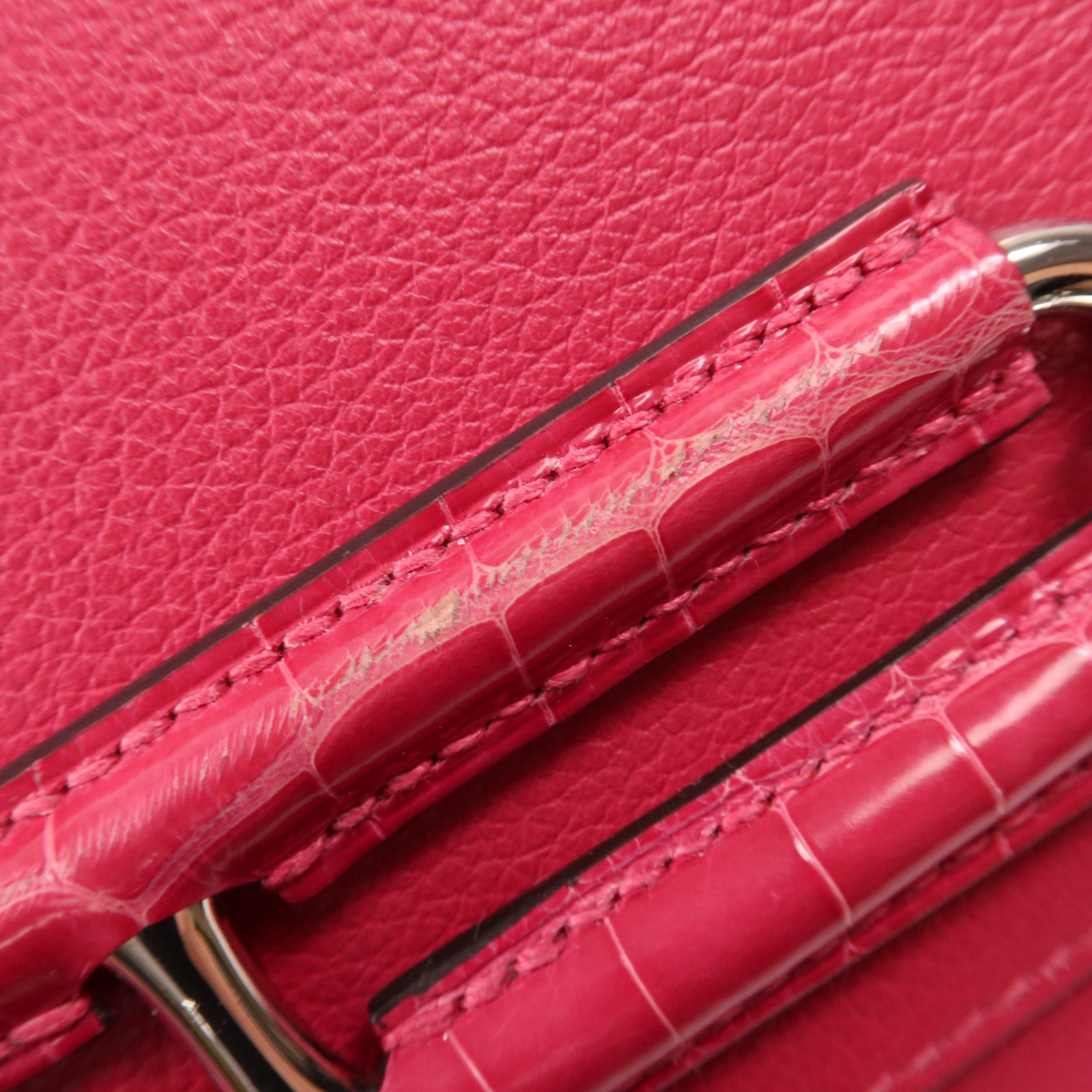 HERMES Evercolour皮革/鱷魚皮革Mini Roulis銀扣肩背袋Rose Mexico