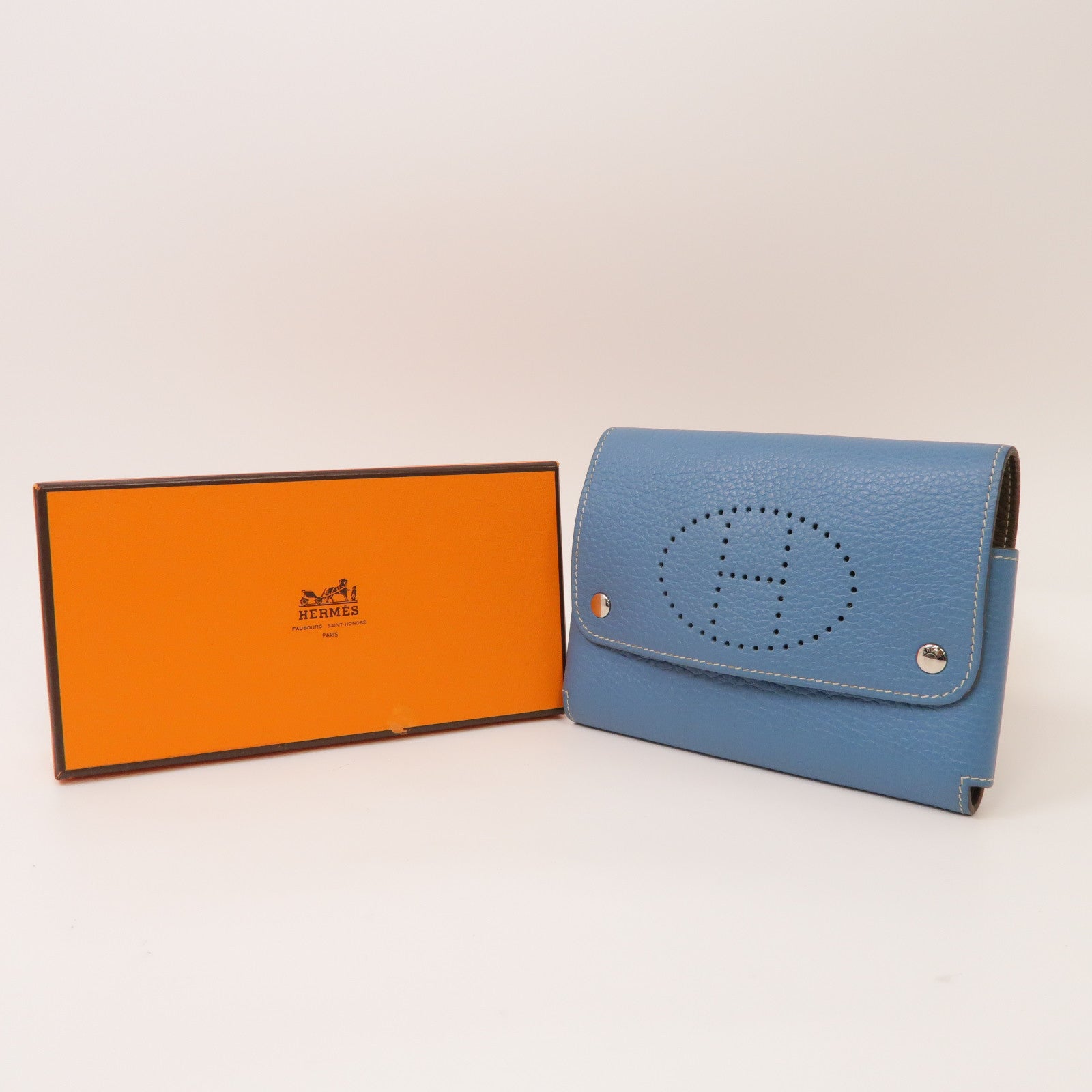 HERMES Clemence皮革H Playing Card Holder銀扣卡片套牛仔藍色/大象灰色
