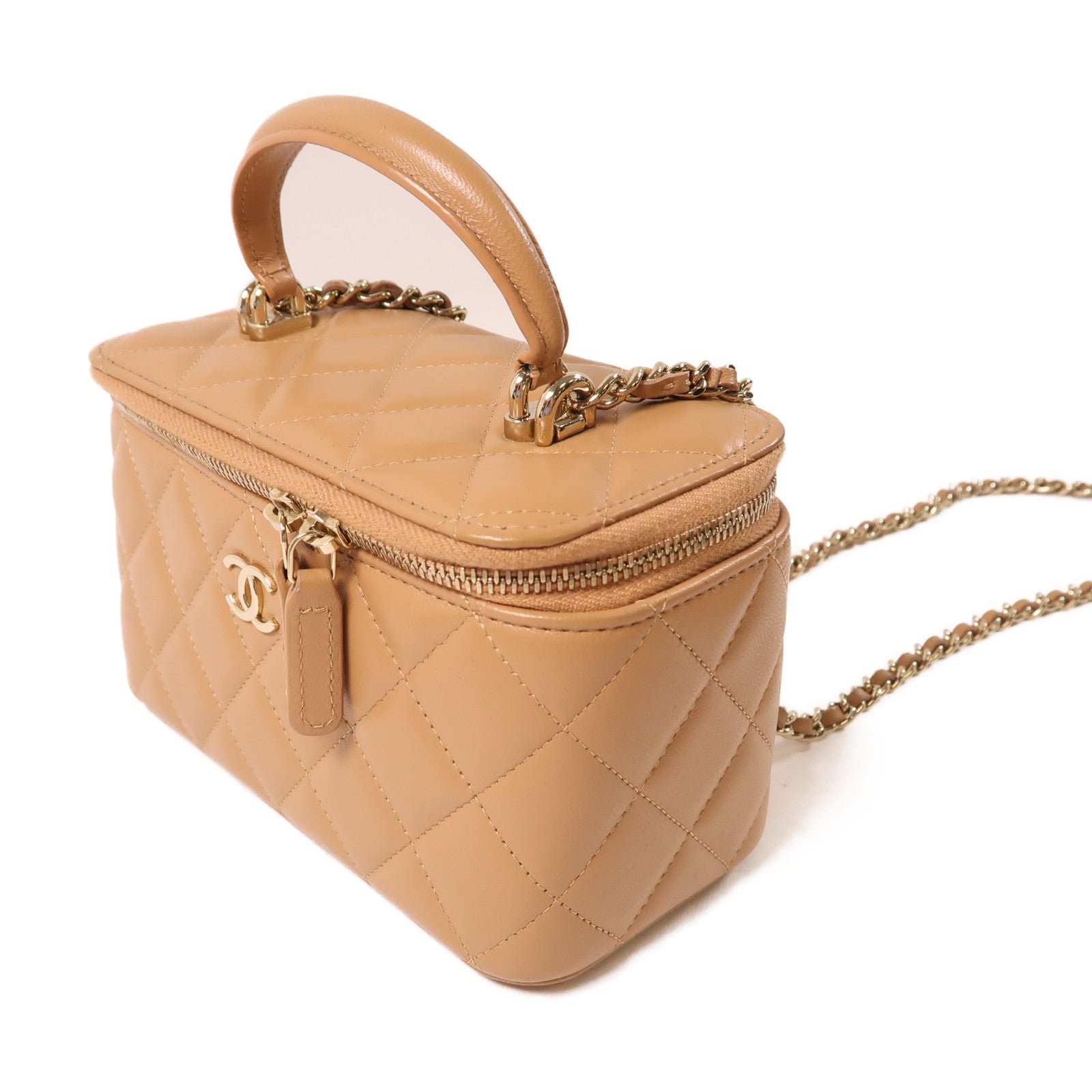 CHANEL 羊皮皮革Vanity Bag金扣鏈帶肩背袋杏色