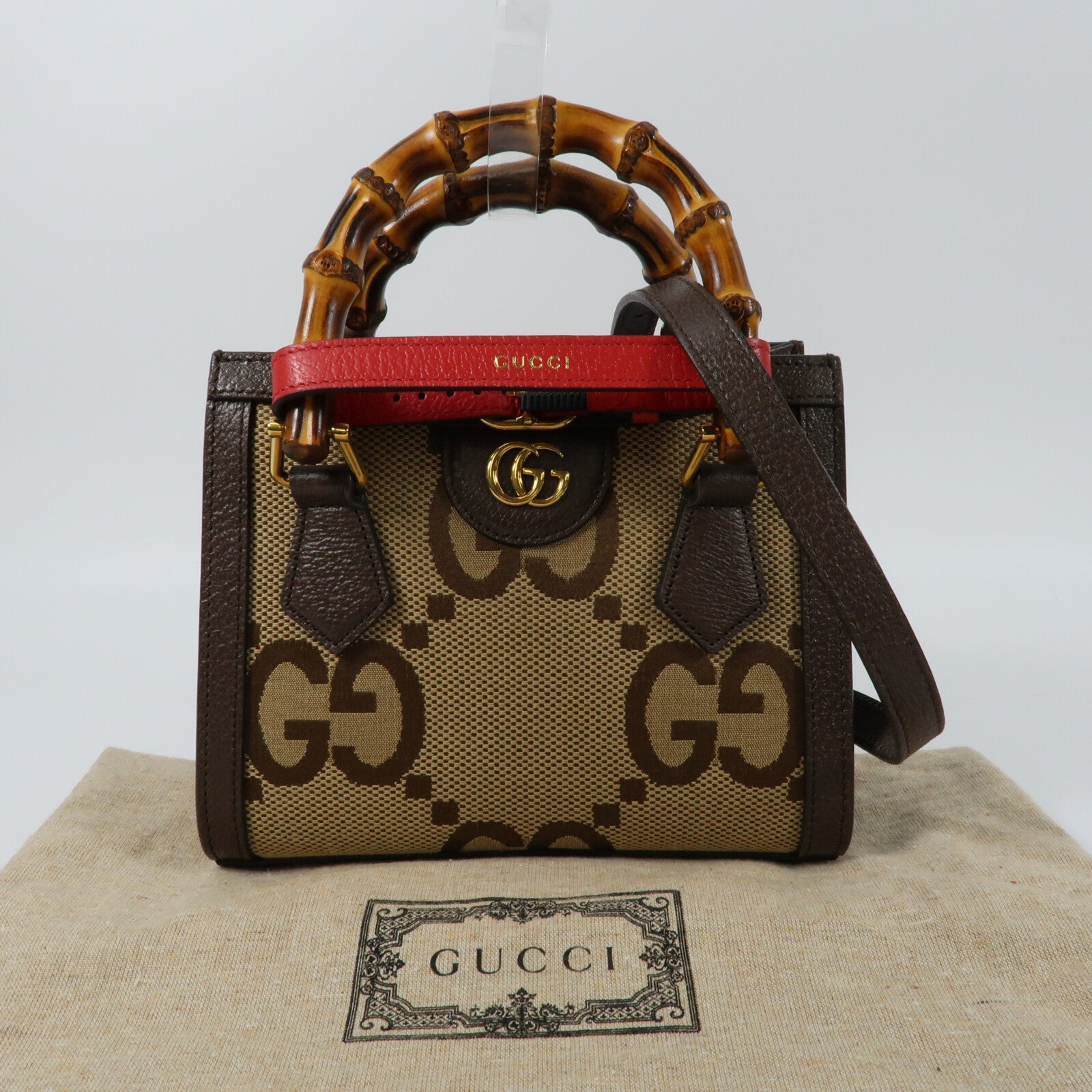 GUCCI 帆布/牛皮皮革Mini Diana Jumbo GG金扣手挽肩背兩用袋