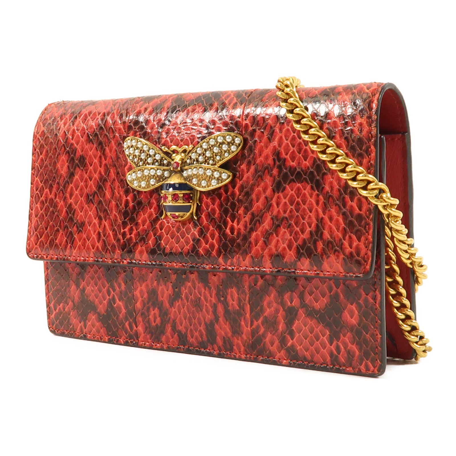 GUCCI 蛇皮皮革Queen Margaret GG金扣鏈帶肩背袋