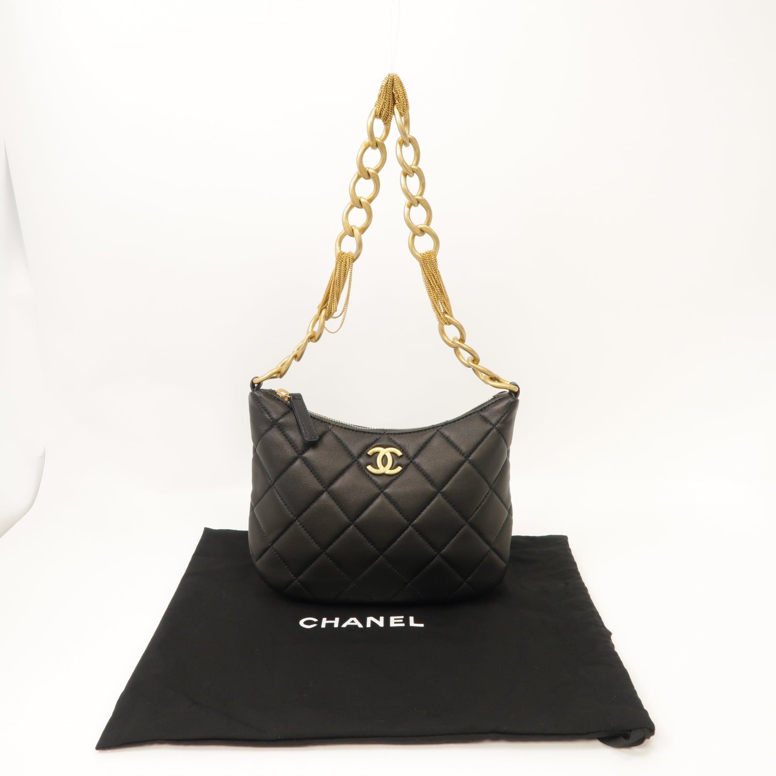 CHANEL 菱格牛皮皮革Chain Shoulder金扣肩背袋黑色