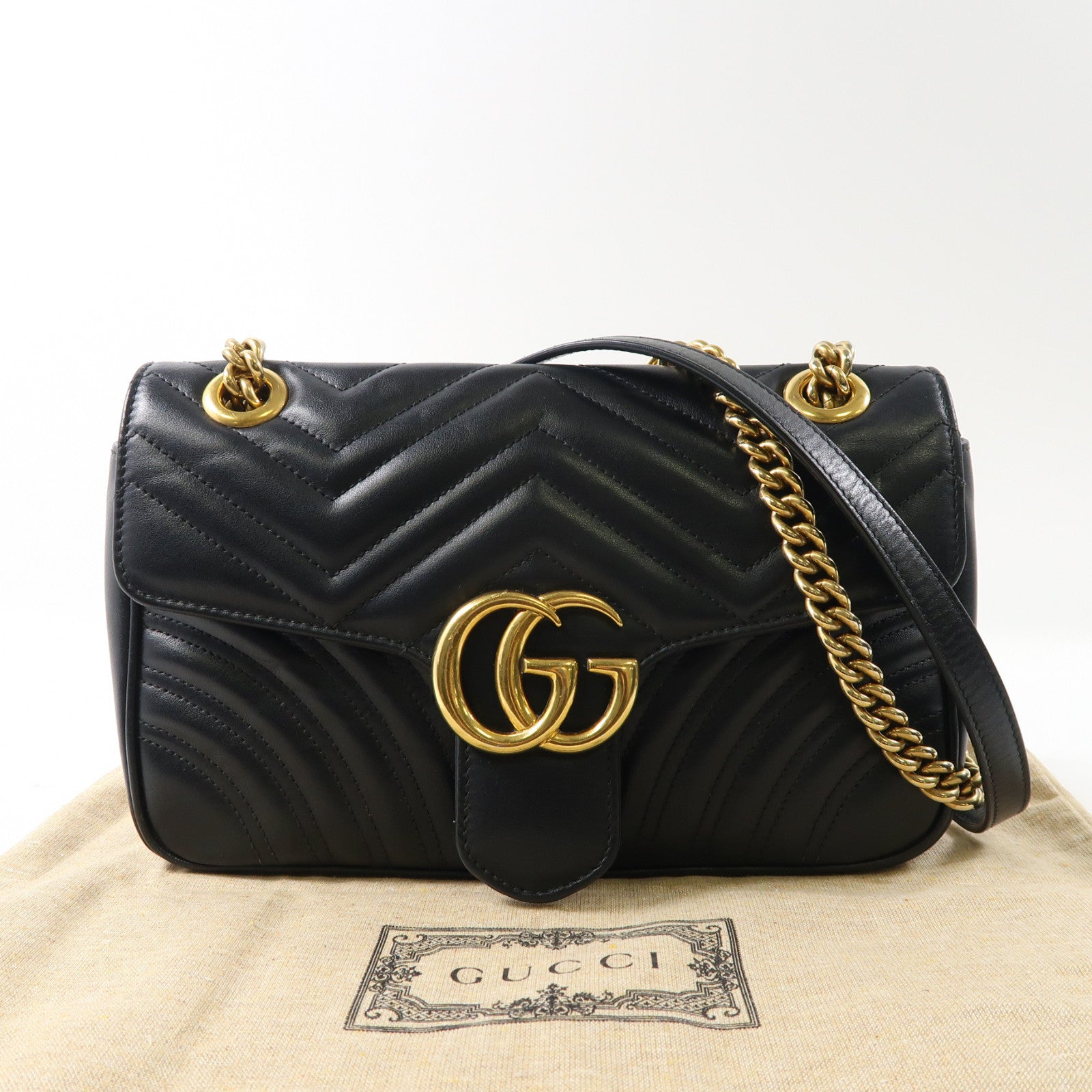GUCCI 牛皮皮革GG Marmont金扣鏈帶肩背袋黑色