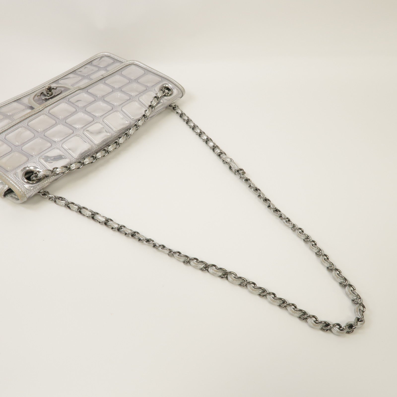 CHANEL 菱格皮革/PVC Chain Shoulder Bag銀扣鏈帶肩背袋銀色