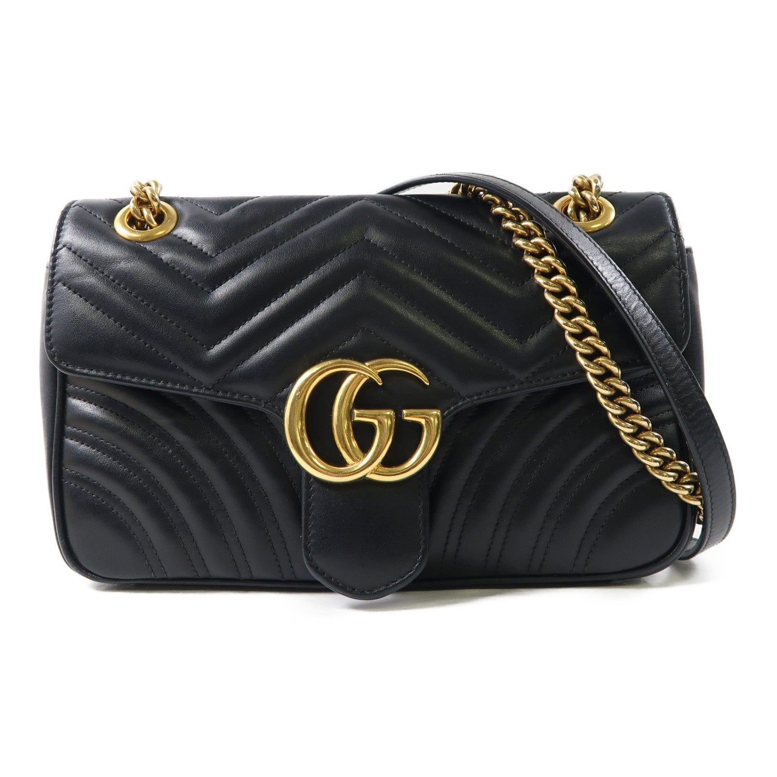 GUCCI 牛皮皮革GG Marmont金扣鏈帶肩背袋黑色