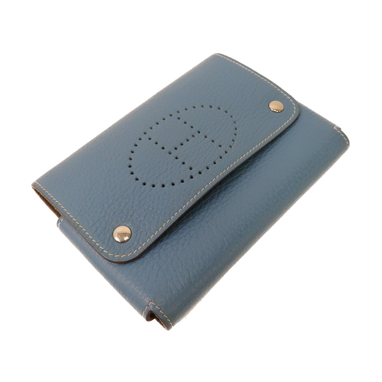 HERMES Clemence皮革H Playing Card Holder銀扣卡片套牛仔藍色/大象灰色