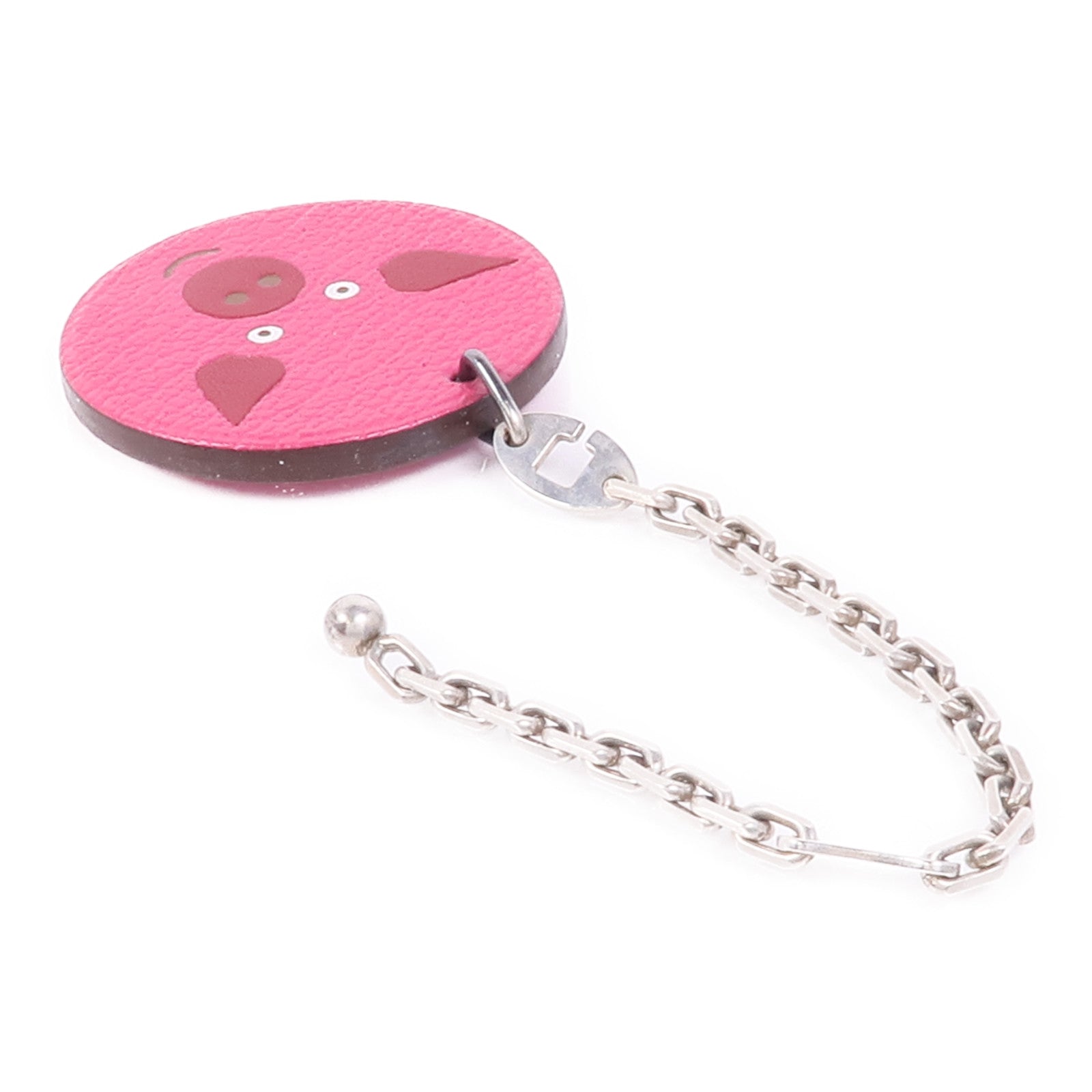 HERMES Chevre皮革Arche De Noe Porte Cles Keychain銀扣鑰匙鏈Rose Shocking