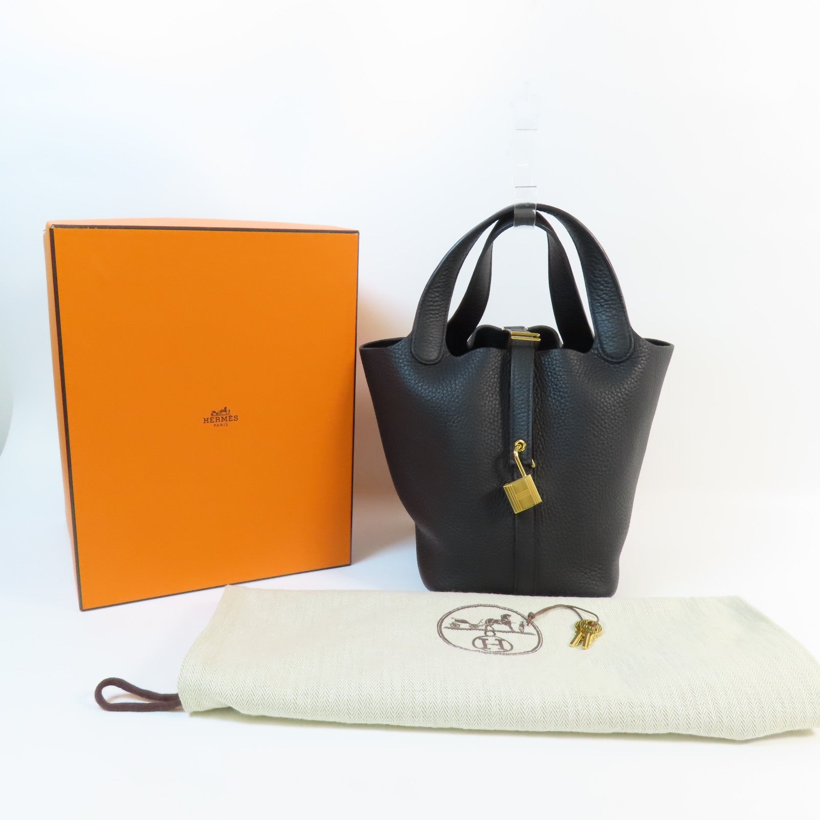 HERMES Clemence皮革Picotin PM金扣手挽袋Noir