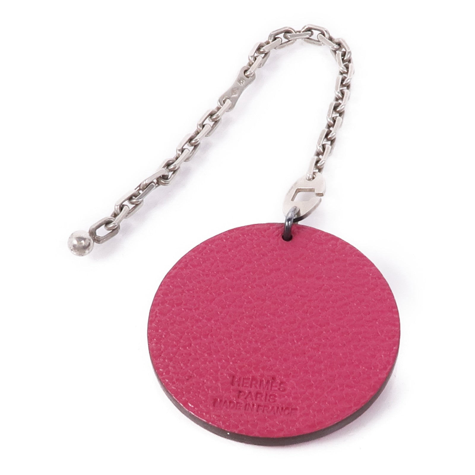 HERMES Chevre皮革Arche De Noe Porte Cles Keychain銀扣鑰匙鏈Rose Shocking