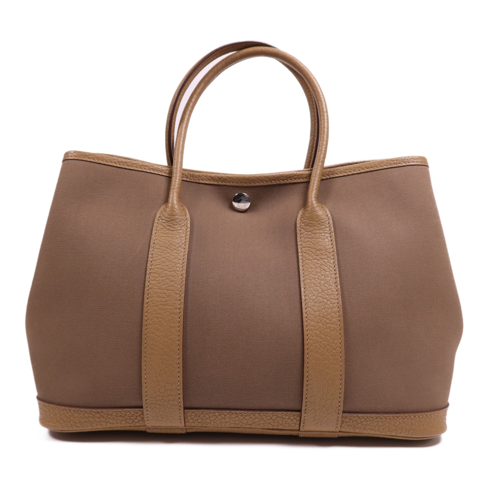 HERMES 帆布Garden Party TPM銀扣手挽袋Etoupe/Chai