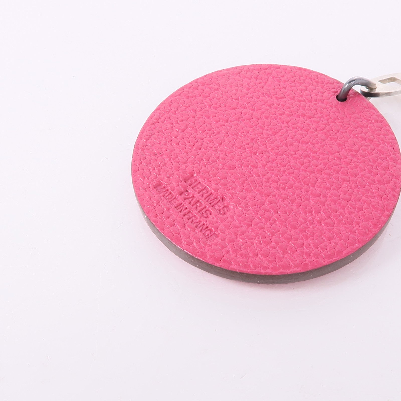 HERMES Chevre皮革Arche De Noe Porte Cles Keychain銀扣鑰匙鏈Rose Shocking