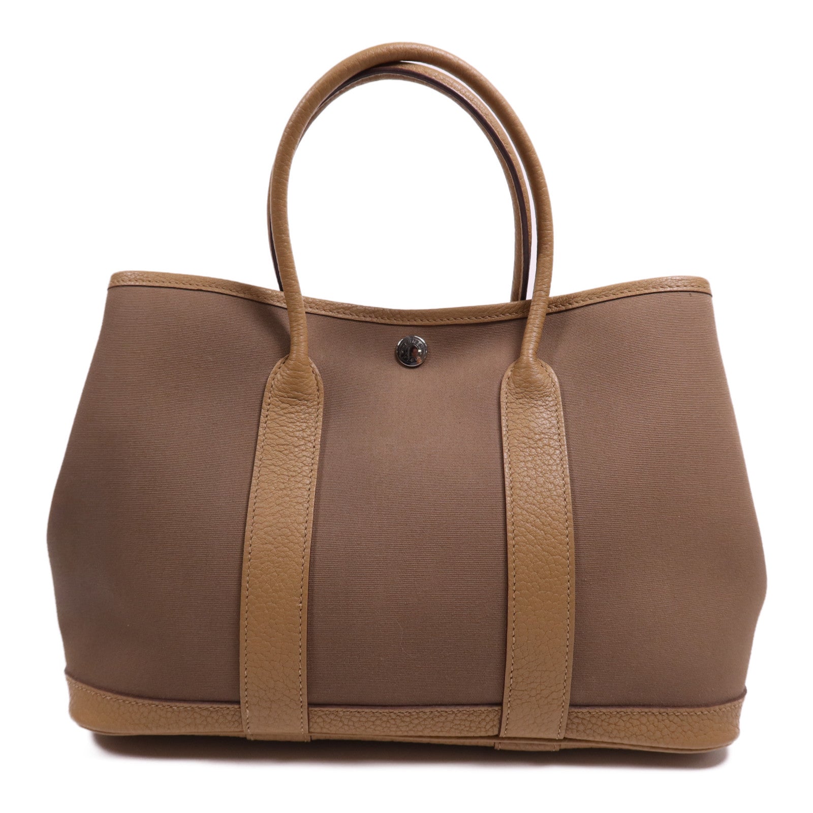 HERMES 帆布Garden Party TPM銀扣手挽袋Etoupe/Chai