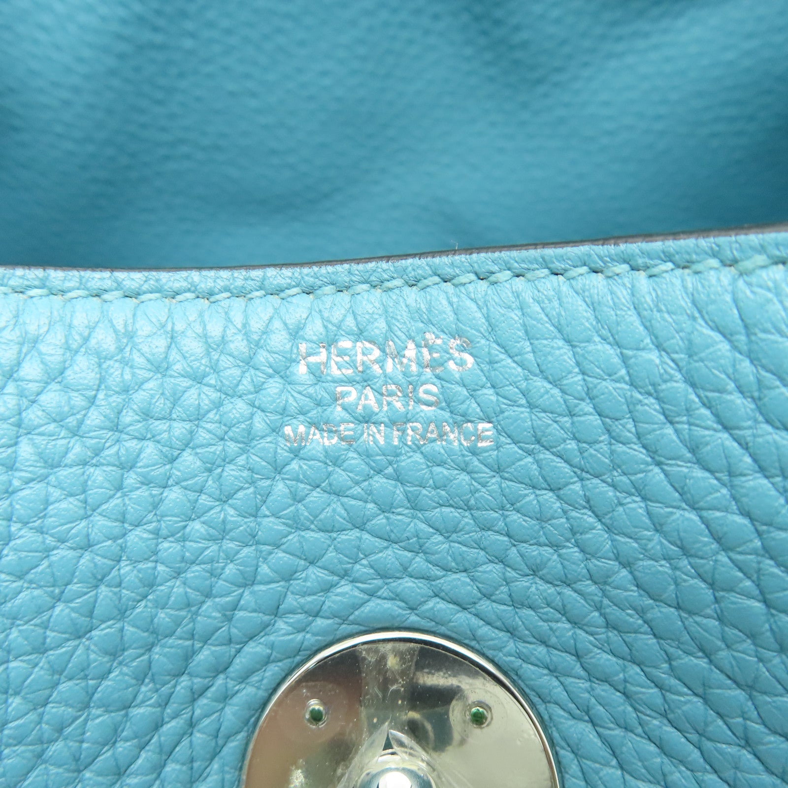HERMES 【清倉大減價】Clemence皮革Lindy 30銀扣肩背袋藍綠色
