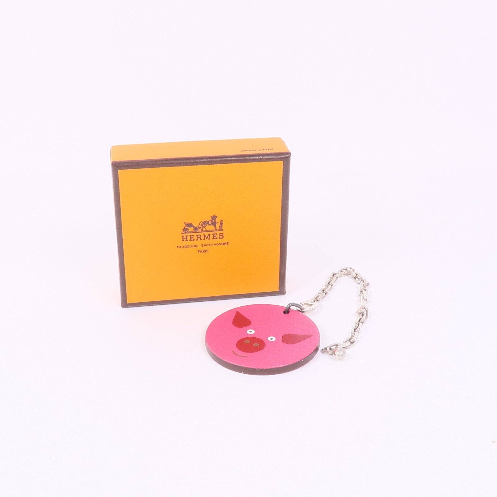 HERMES Chevre皮革Arche De Noe Porte Cles Keychain銀扣鑰匙鏈Rose Shocking