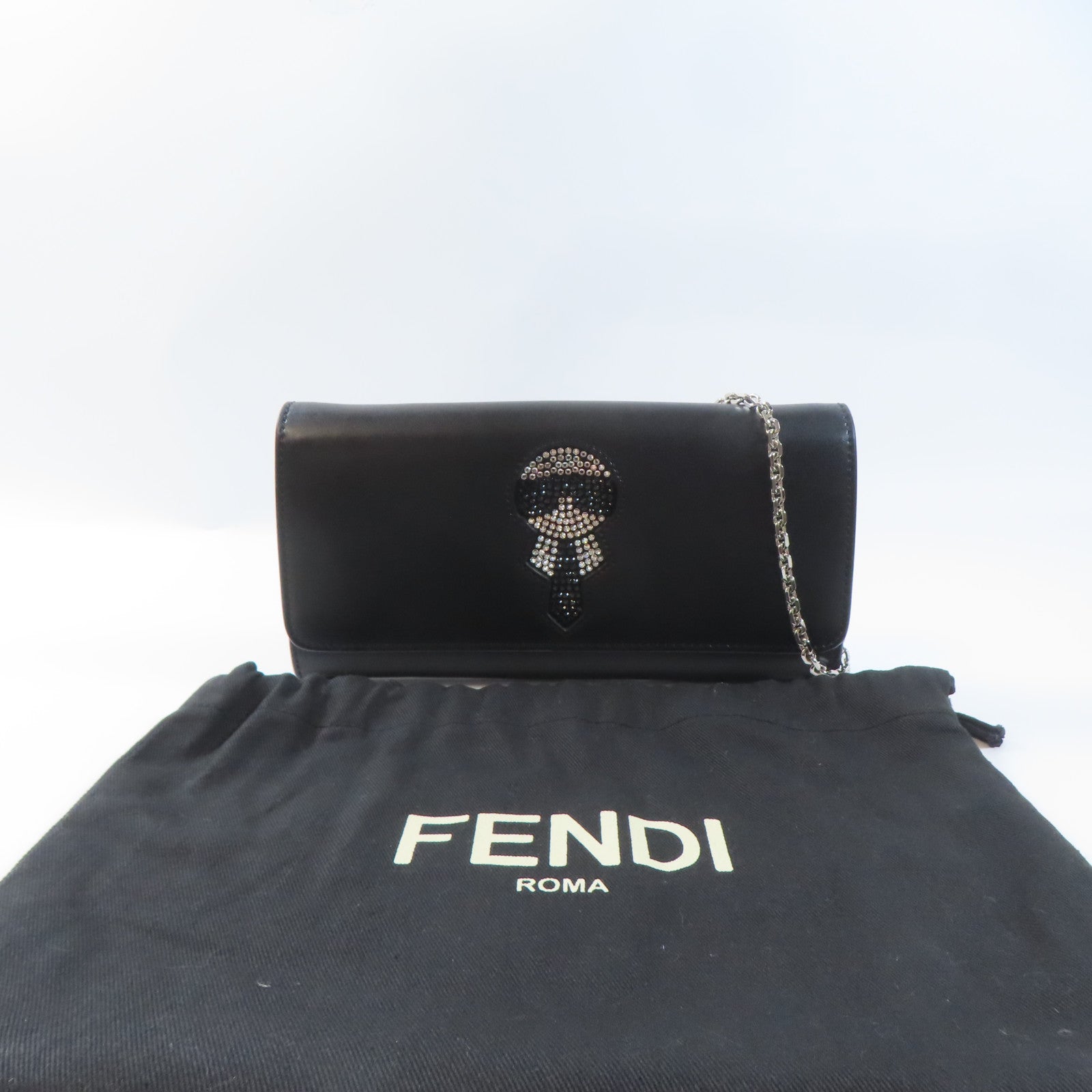 FENDI 牛皮皮革Karl Lagerfeld Wallet With Chain銀扣鏈帶肩背袋黑色