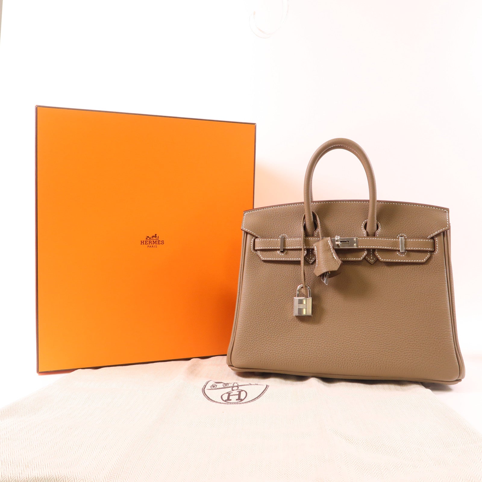 HERMES 【激減優惠】Togo皮革Birkin 25銀扣手挽袋Etoupe