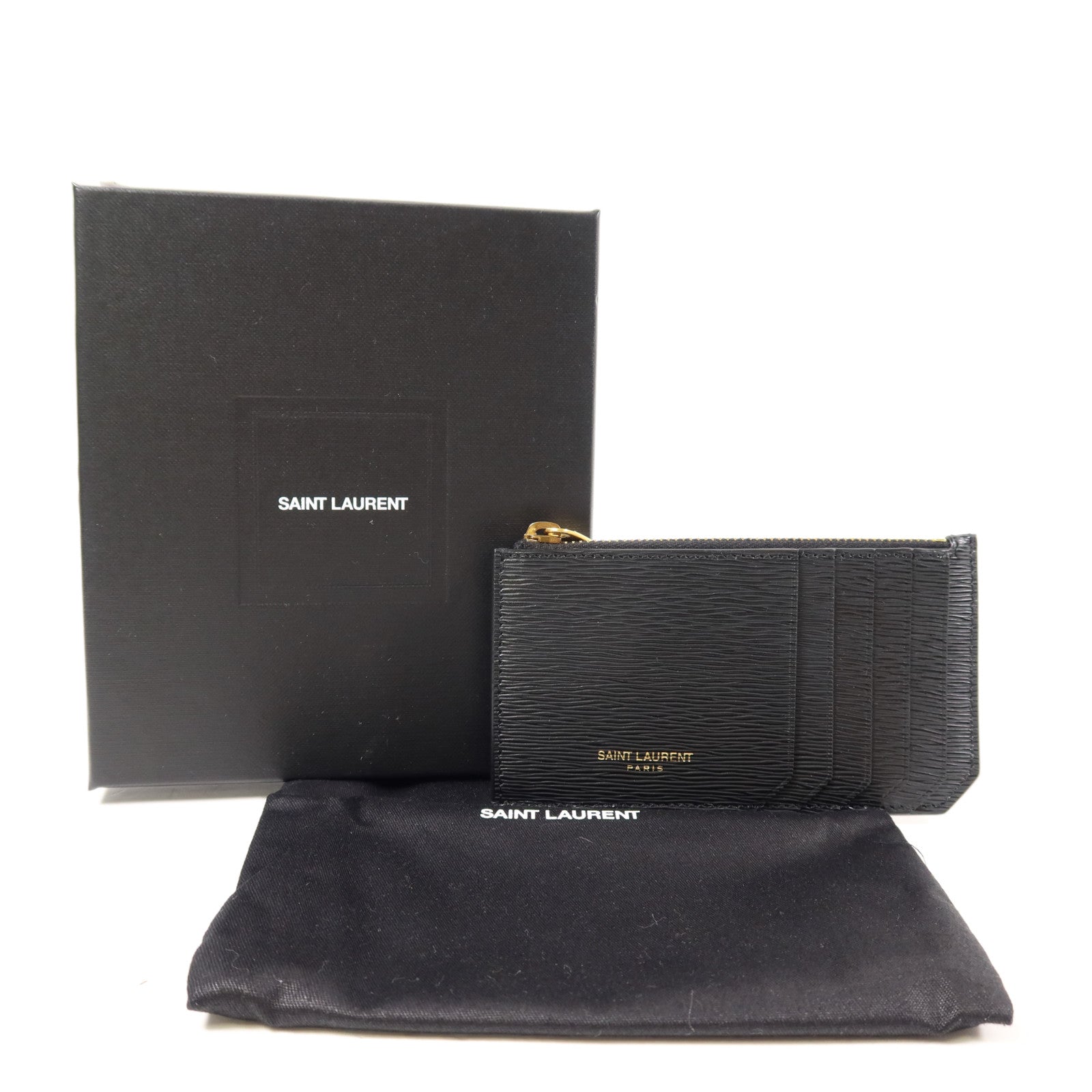 SAINT LAURENT YSL GHW Zip Card Case Leather Black 7112