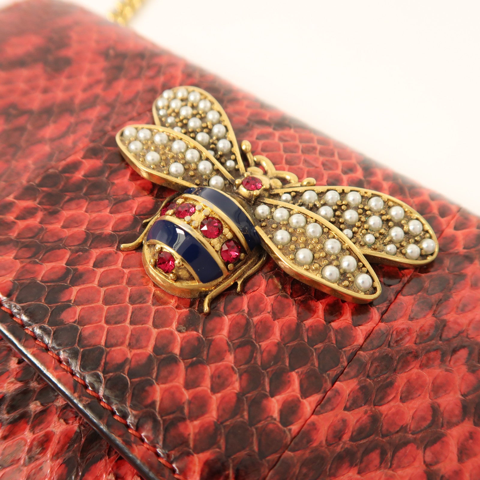 GUCCI 蛇皮皮革Queen Margaret GG金扣鏈帶肩背袋