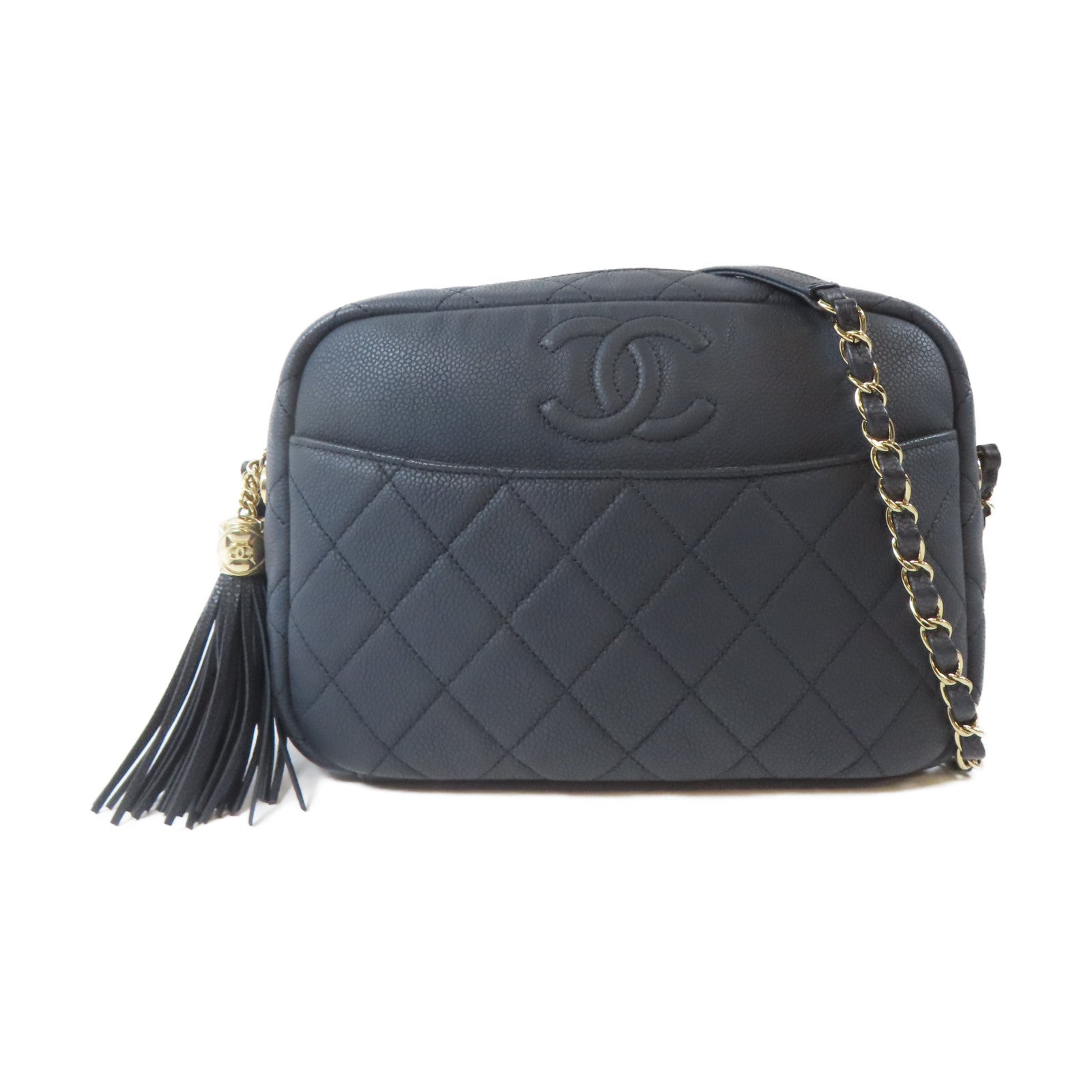 CHANEL 菱格Caviar皮革Chain Shoulder Bag金扣鏈帶肩背袋深藍色