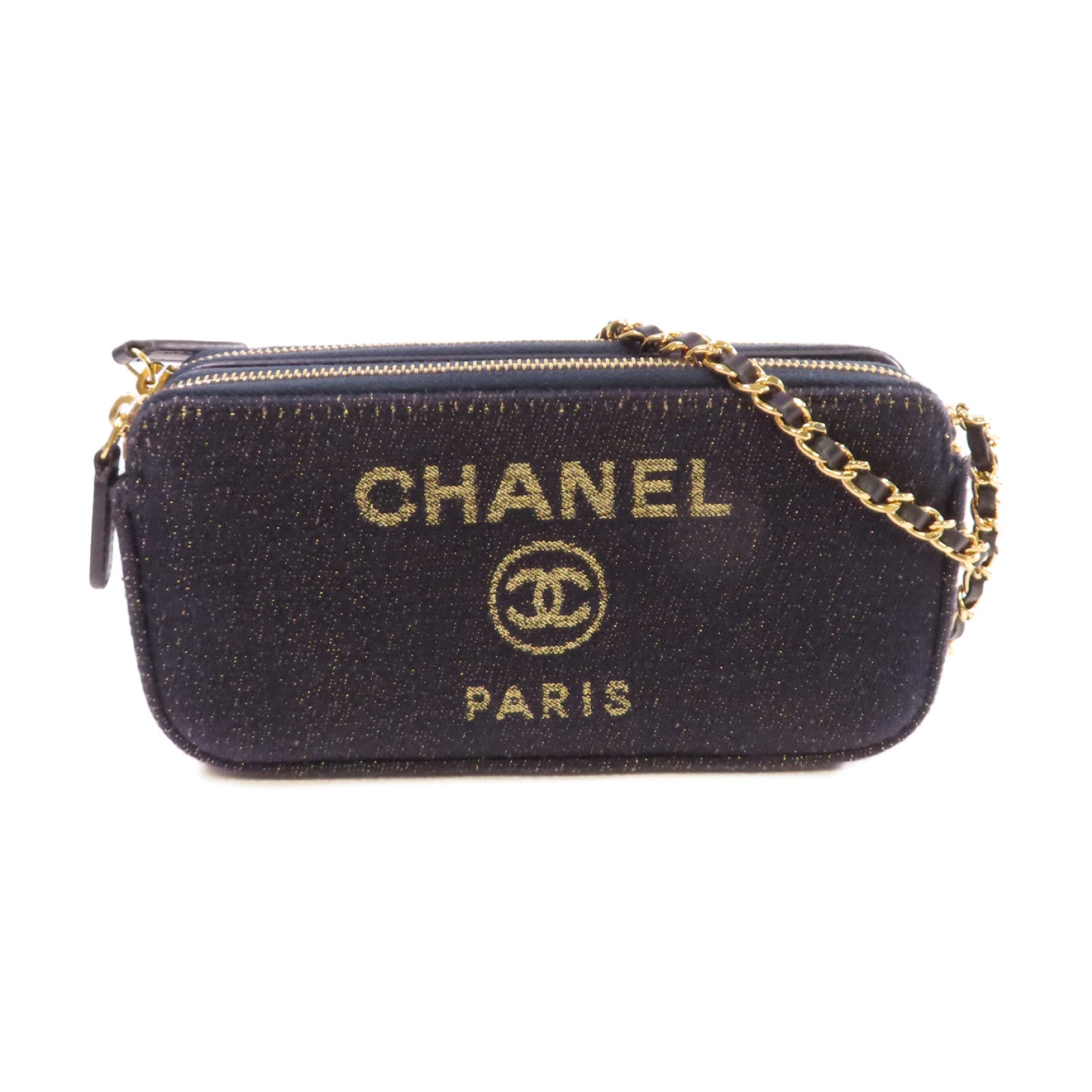 CHANEL 帆布WOC Wallet On Chain Shoulder Bag金扣鏈帶肩背袋深藍色