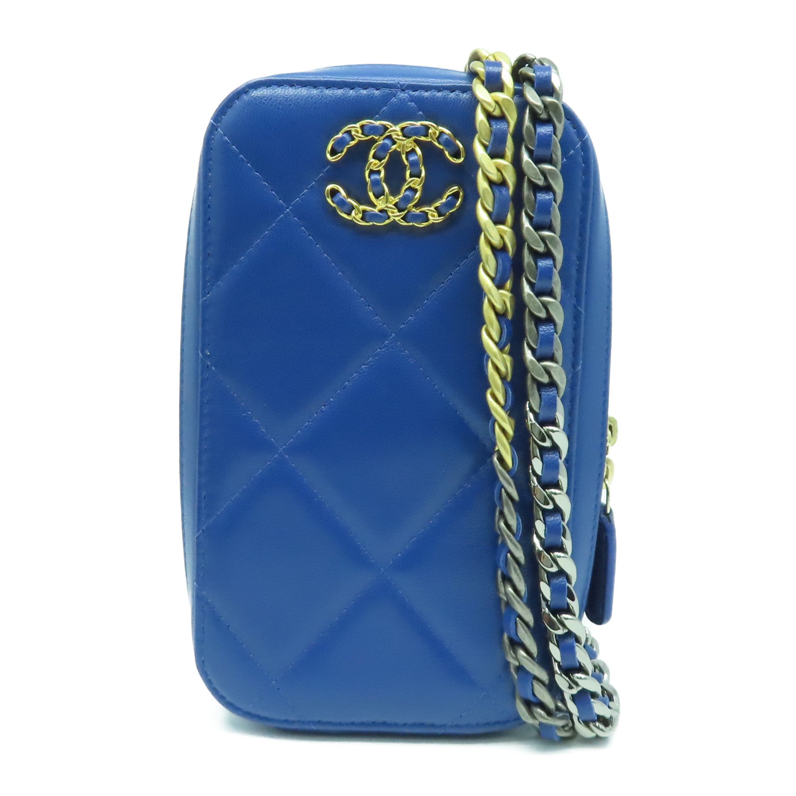 CHANEL 【激減優惠】菱格羊皮皮革C19 Phone Bag金扣肩背袋藍色