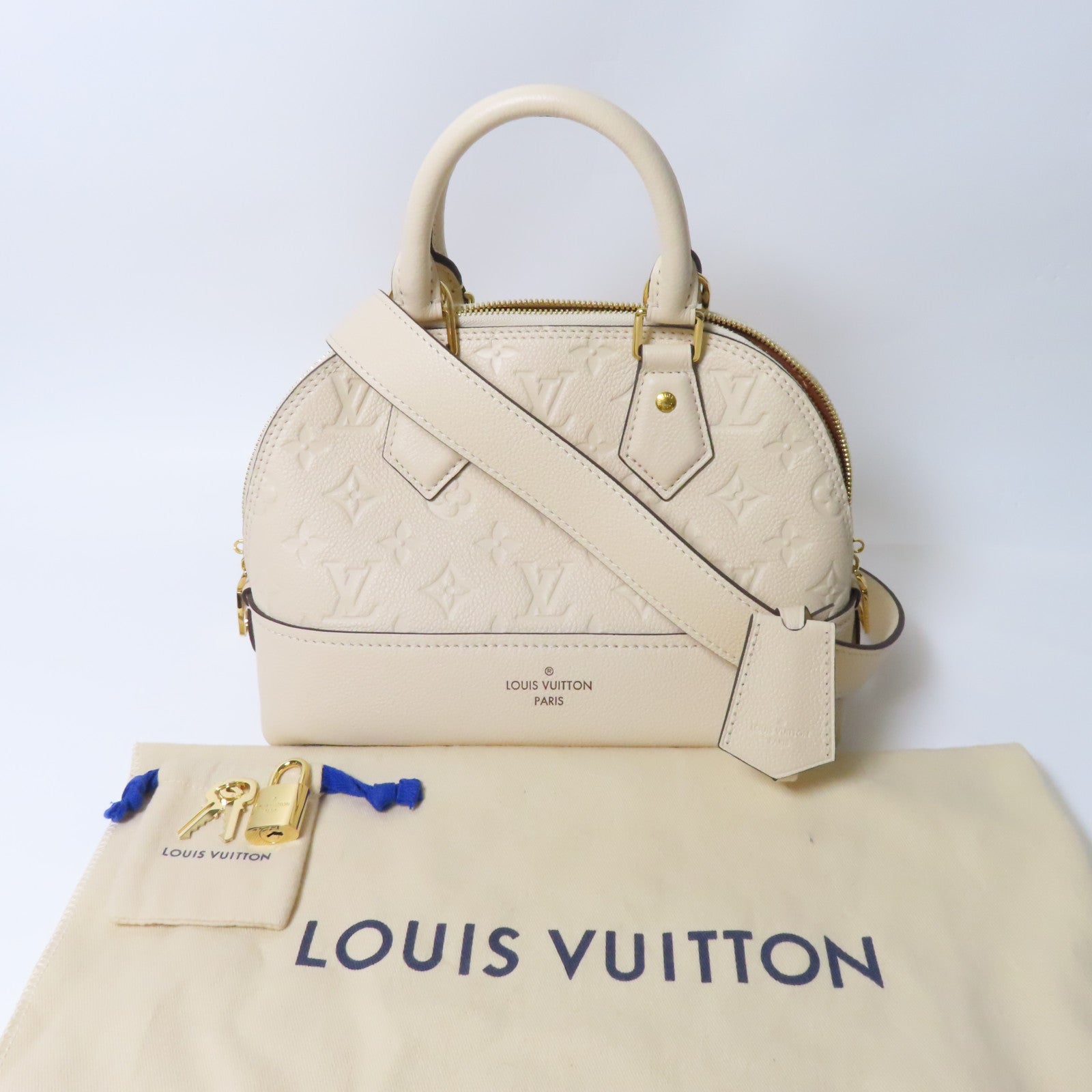 LOUIS VUITTON Monogram Empreinte Neo Alma BB金扣手挽肩背兩用袋米色