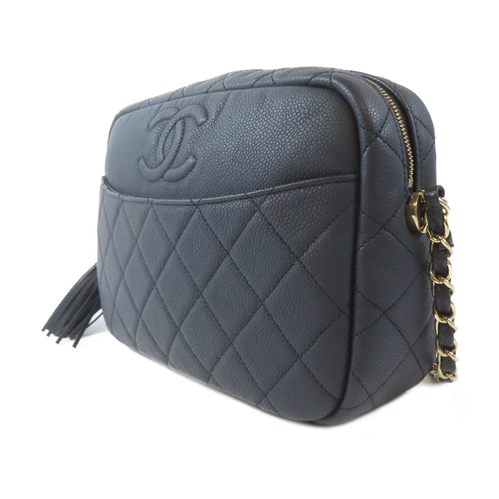 CHANEL 菱格Caviar皮革Chain Shoulder Bag金扣鏈帶肩背袋深藍色