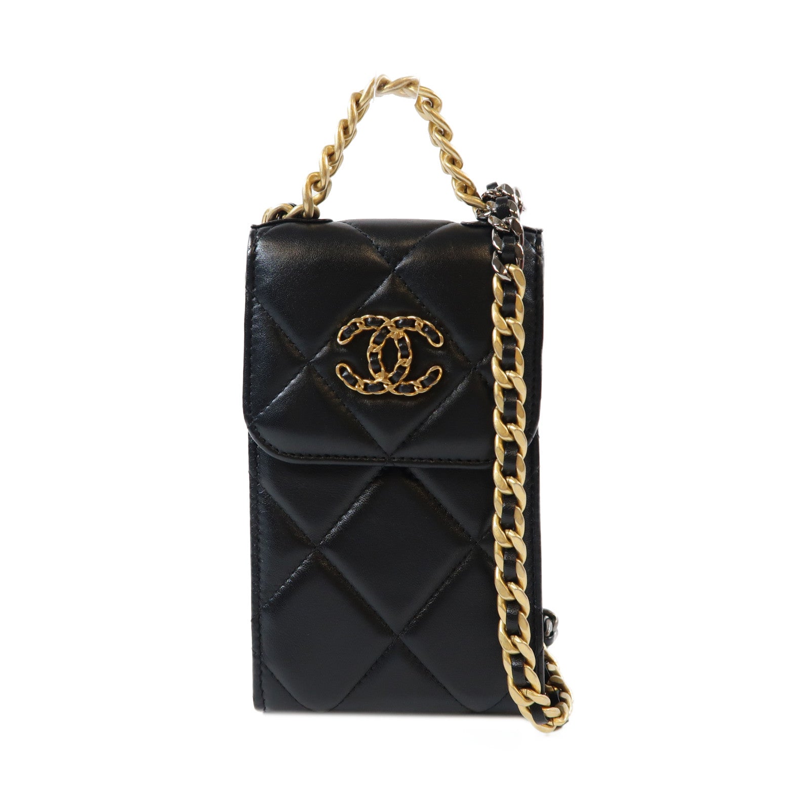 CHANEL 菱格羊皮皮革19 Phone Case金扣/銀扣鏈帶肩背袋黑色