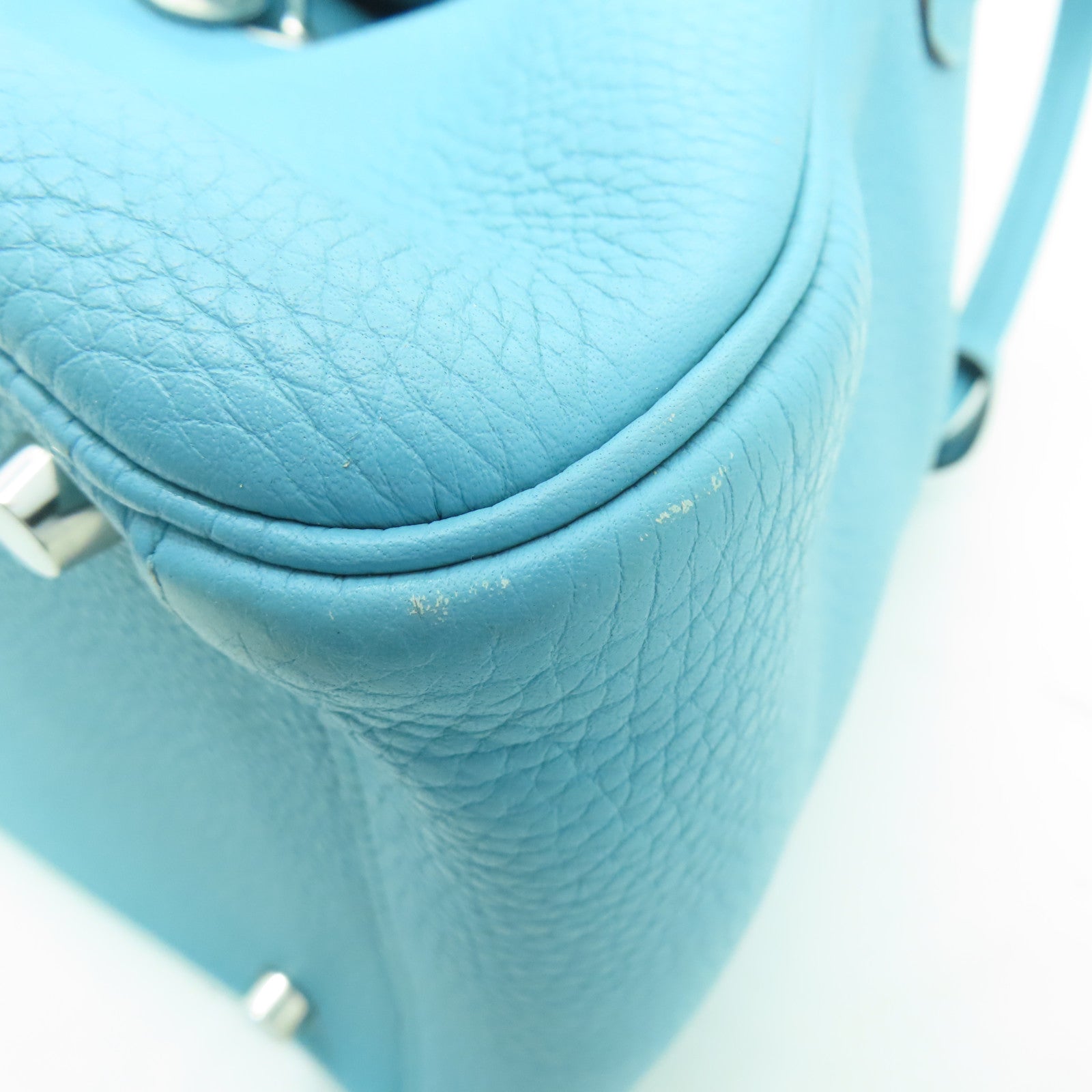 HERMES 【清倉大減價】Clemence皮革Lindy 30銀扣肩背袋藍綠色