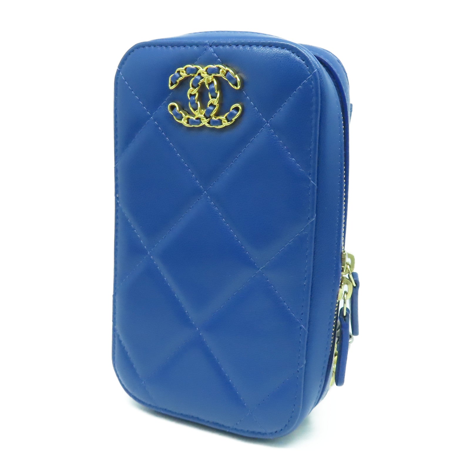 CHANEL 【激減優惠】菱格羊皮皮革C19 Phone Bag金扣肩背袋藍色