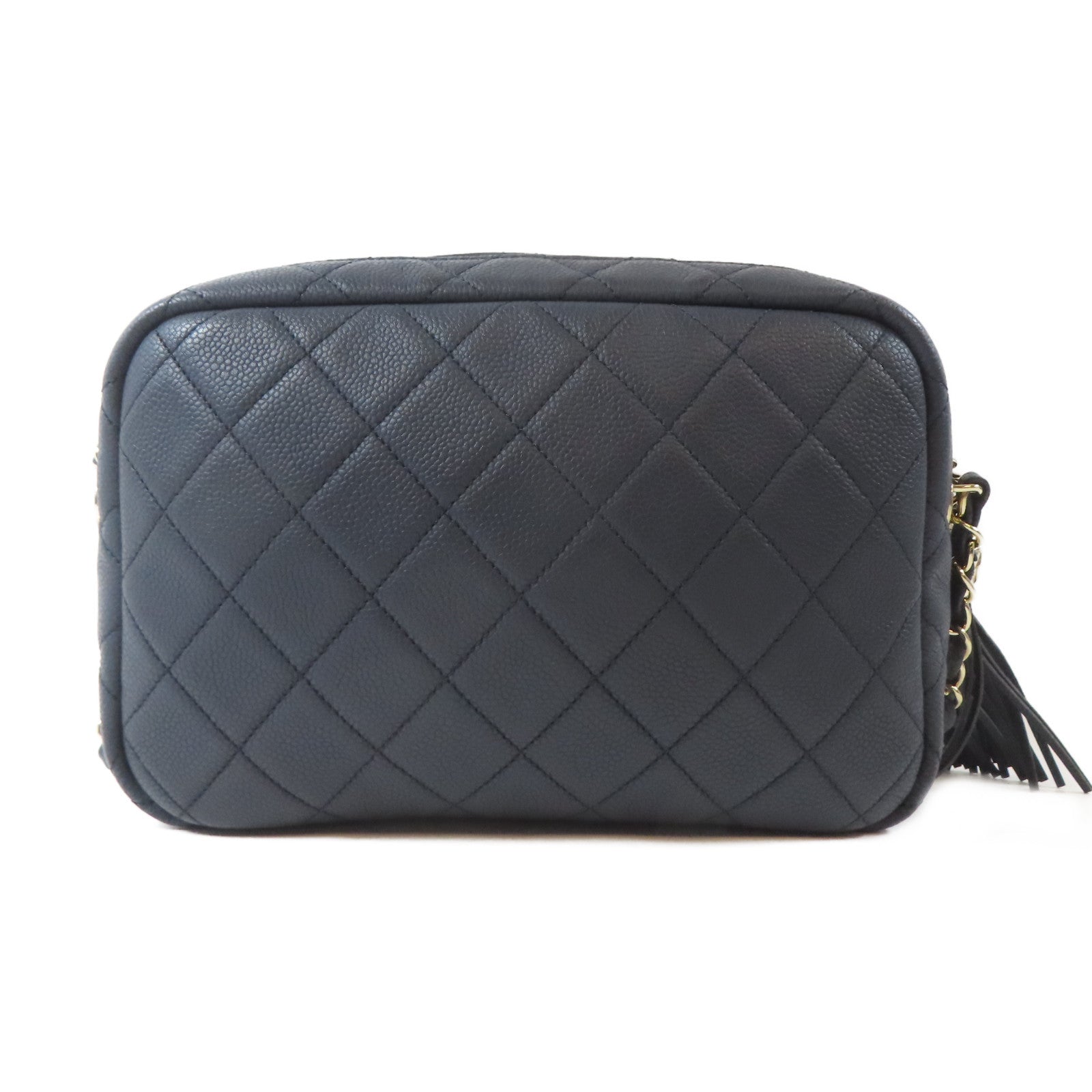CHANEL 菱格Caviar皮革Chain Shoulder Bag金扣鏈帶肩背袋深藍色
