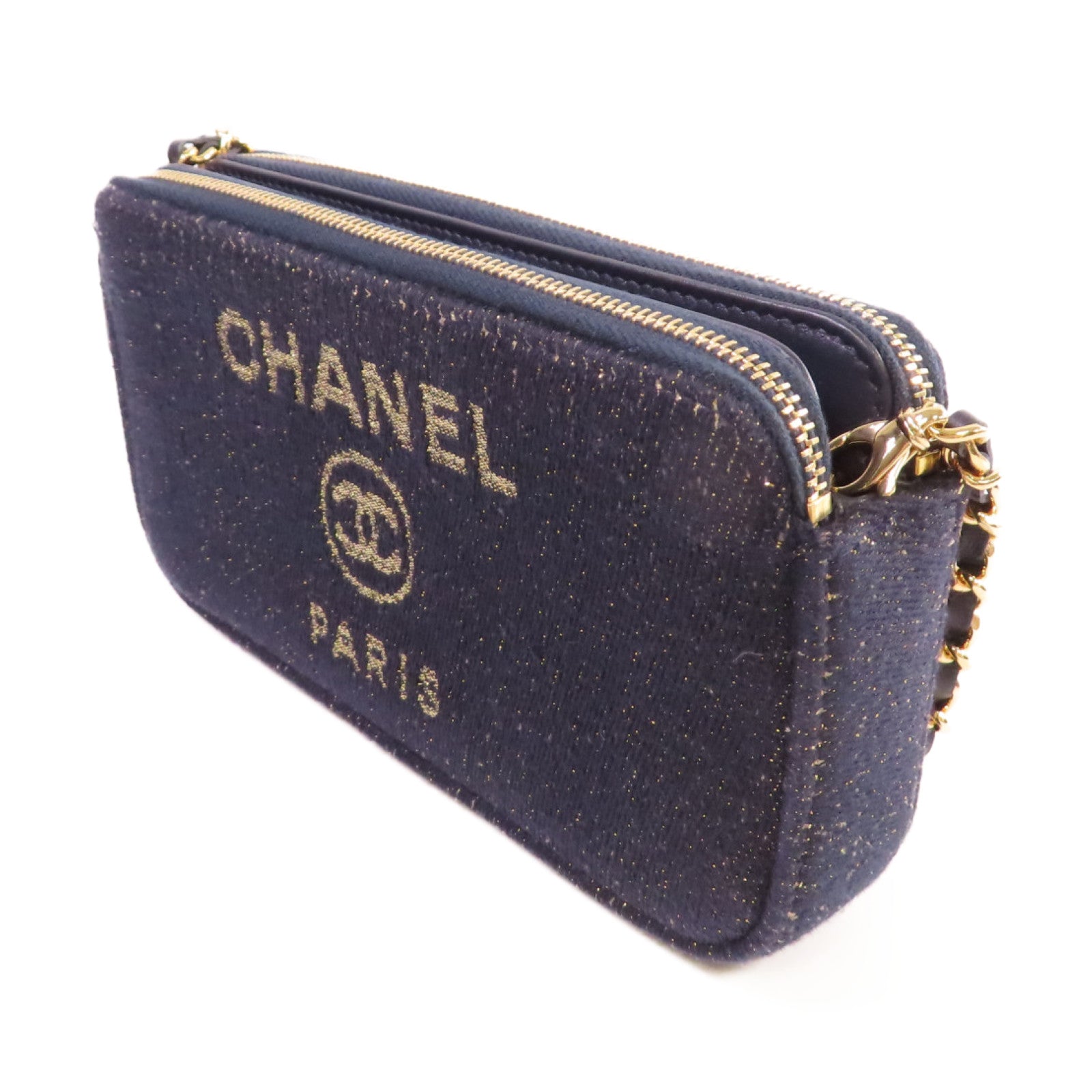 CHANEL 帆布WOC Wallet On Chain Shoulder Bag金扣鏈帶肩背袋深藍色