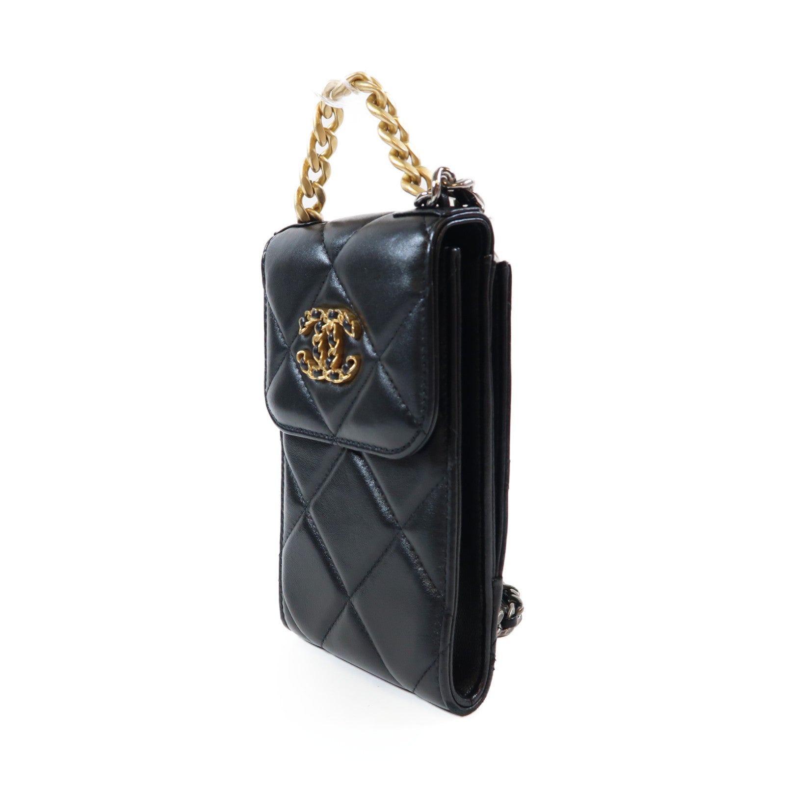 CHANEL 菱格羊皮皮革19 Phone Case金扣/銀扣鏈帶肩背袋黑色