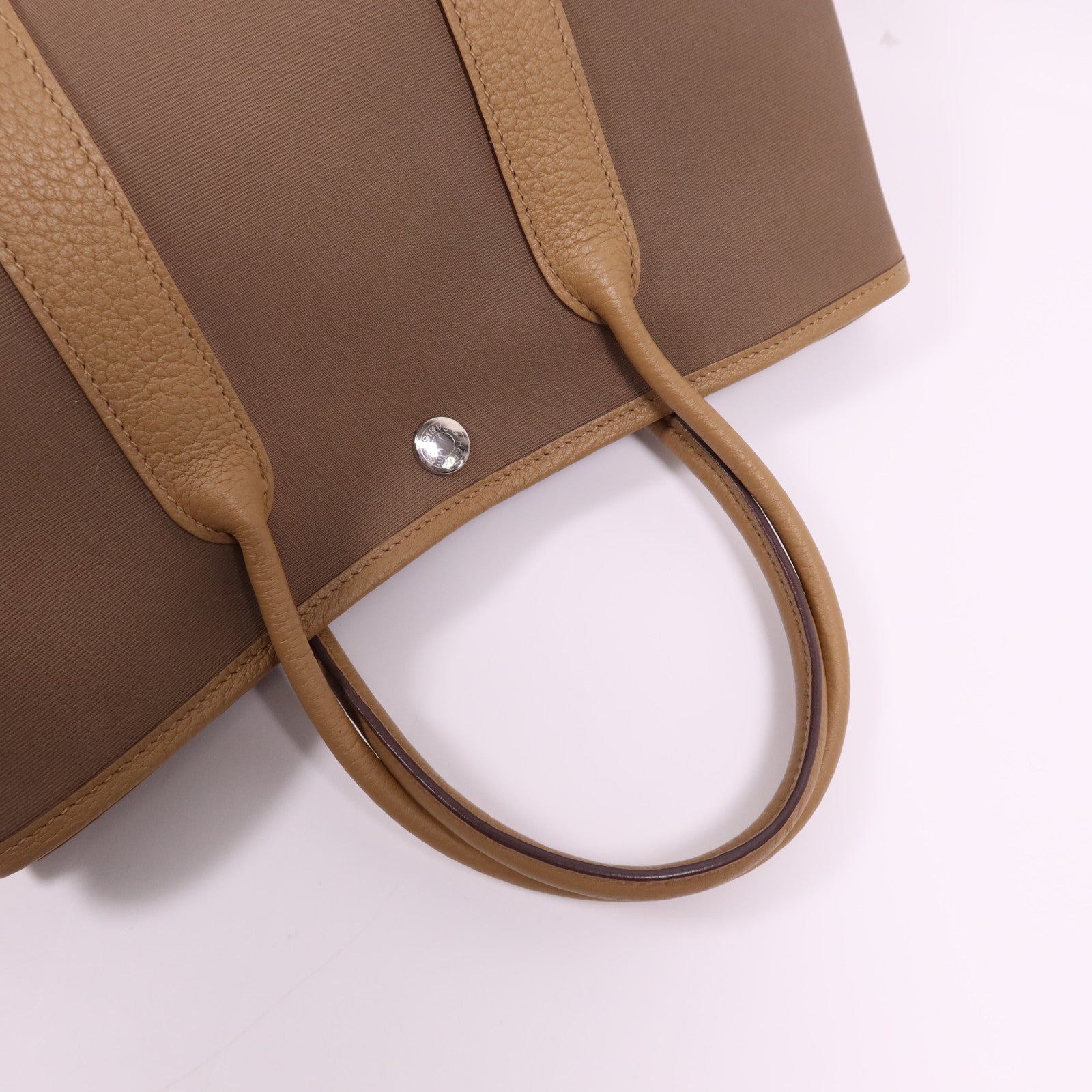 HERMES 帆布Garden Party TPM銀扣手挽袋Etoupe/Chai