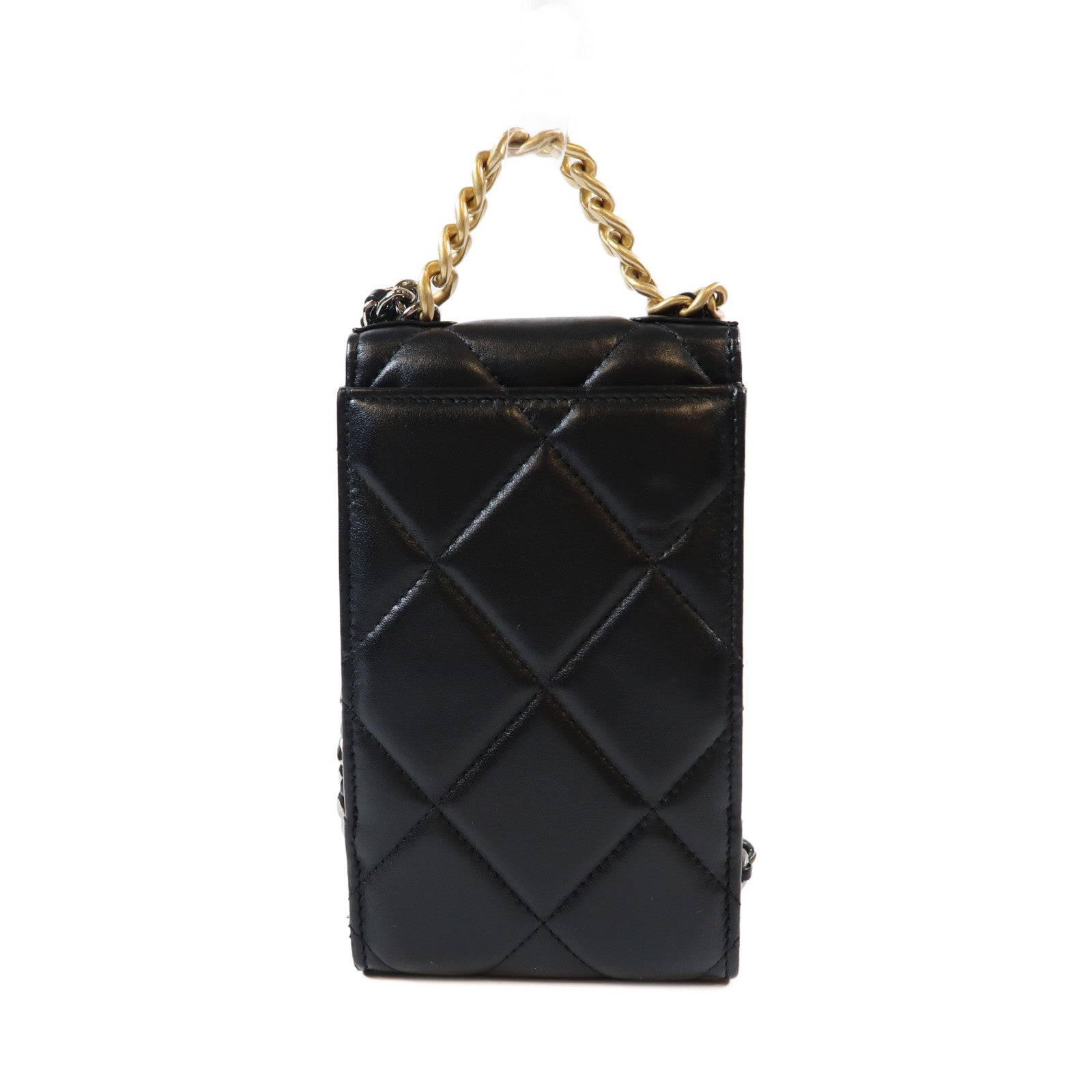 CHANEL 菱格羊皮皮革19 Phone Case金扣/銀扣鏈帶肩背袋黑色