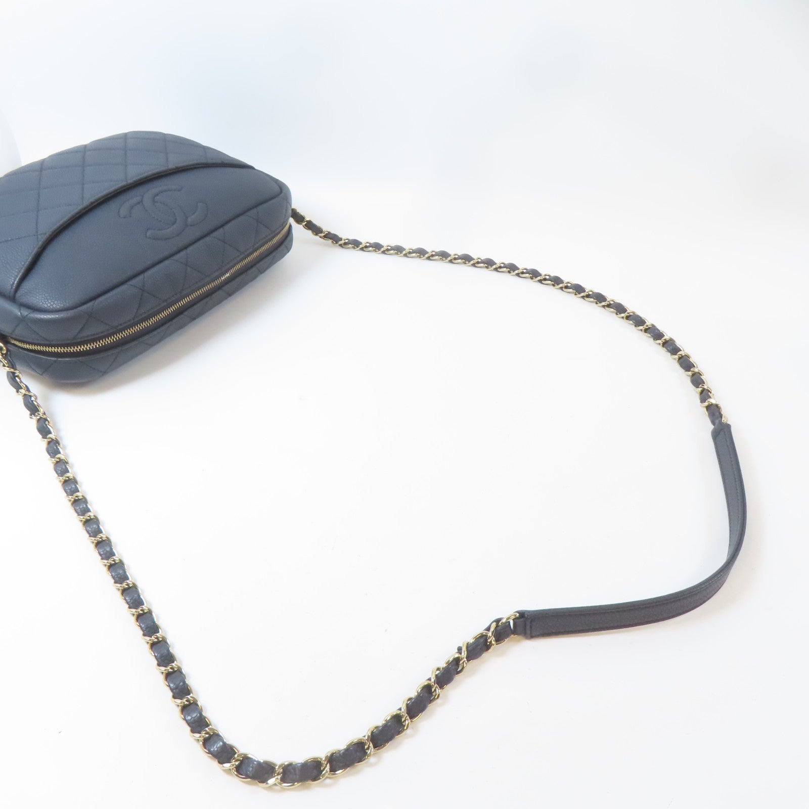 CHANEL 菱格Caviar皮革Chain Shoulder Bag金扣鏈帶肩背袋深藍色
