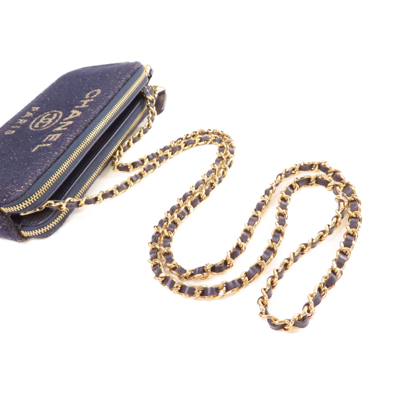 CHANEL 帆布WOC Wallet On Chain Shoulder Bag金扣鏈帶肩背袋深藍色