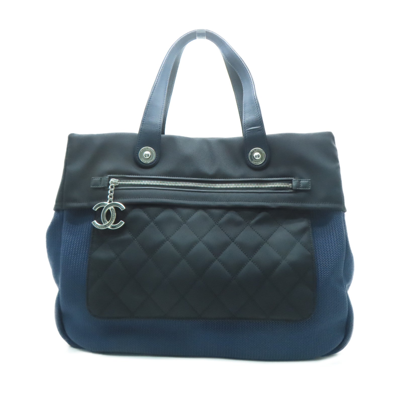 CHANEL 【激減優惠】尼龍/帆布Tote Bag銀扣手挽袋深藍色/黑色