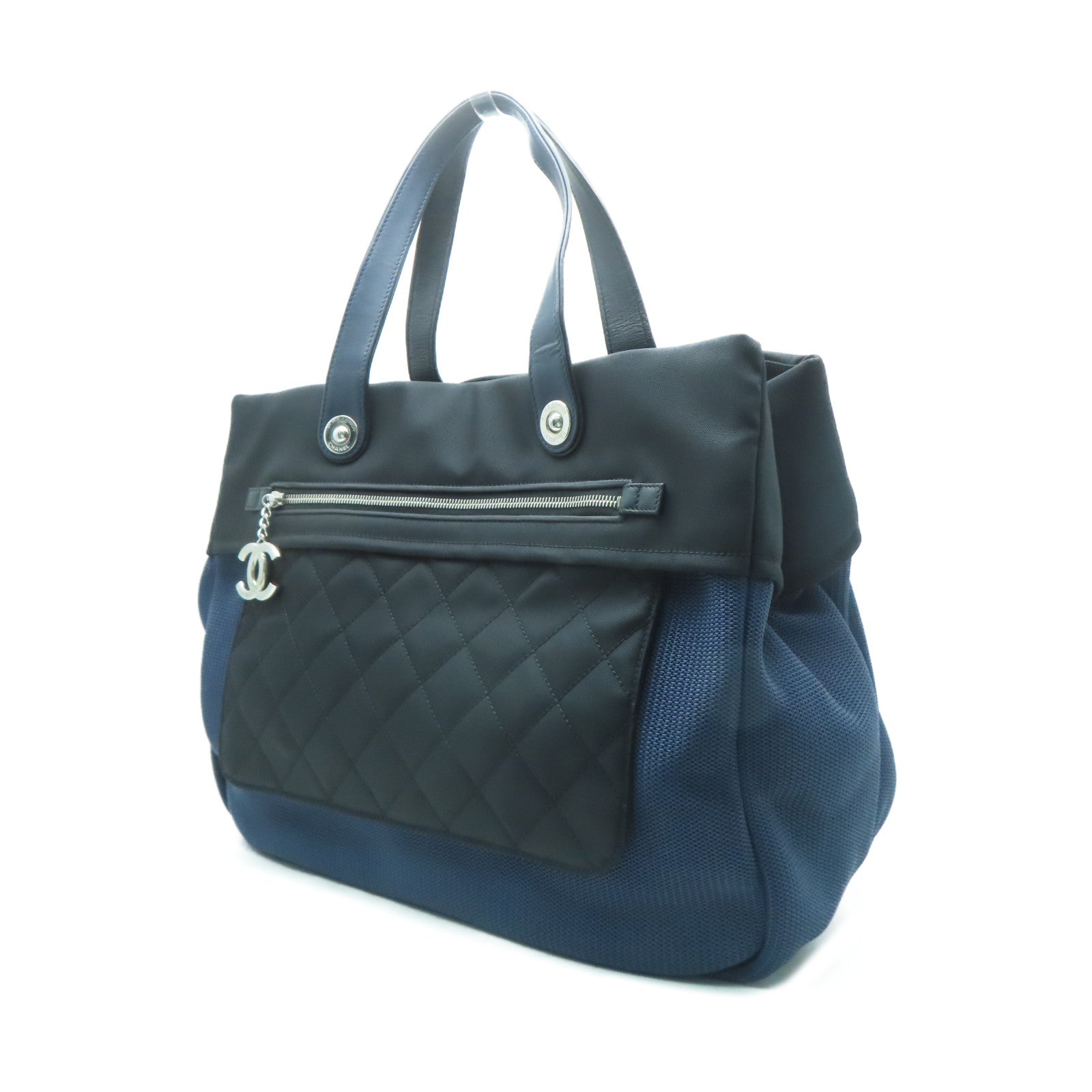CHANEL 【激減優惠】尼龍/帆布Tote Bag銀扣手挽袋深藍色/黑色
